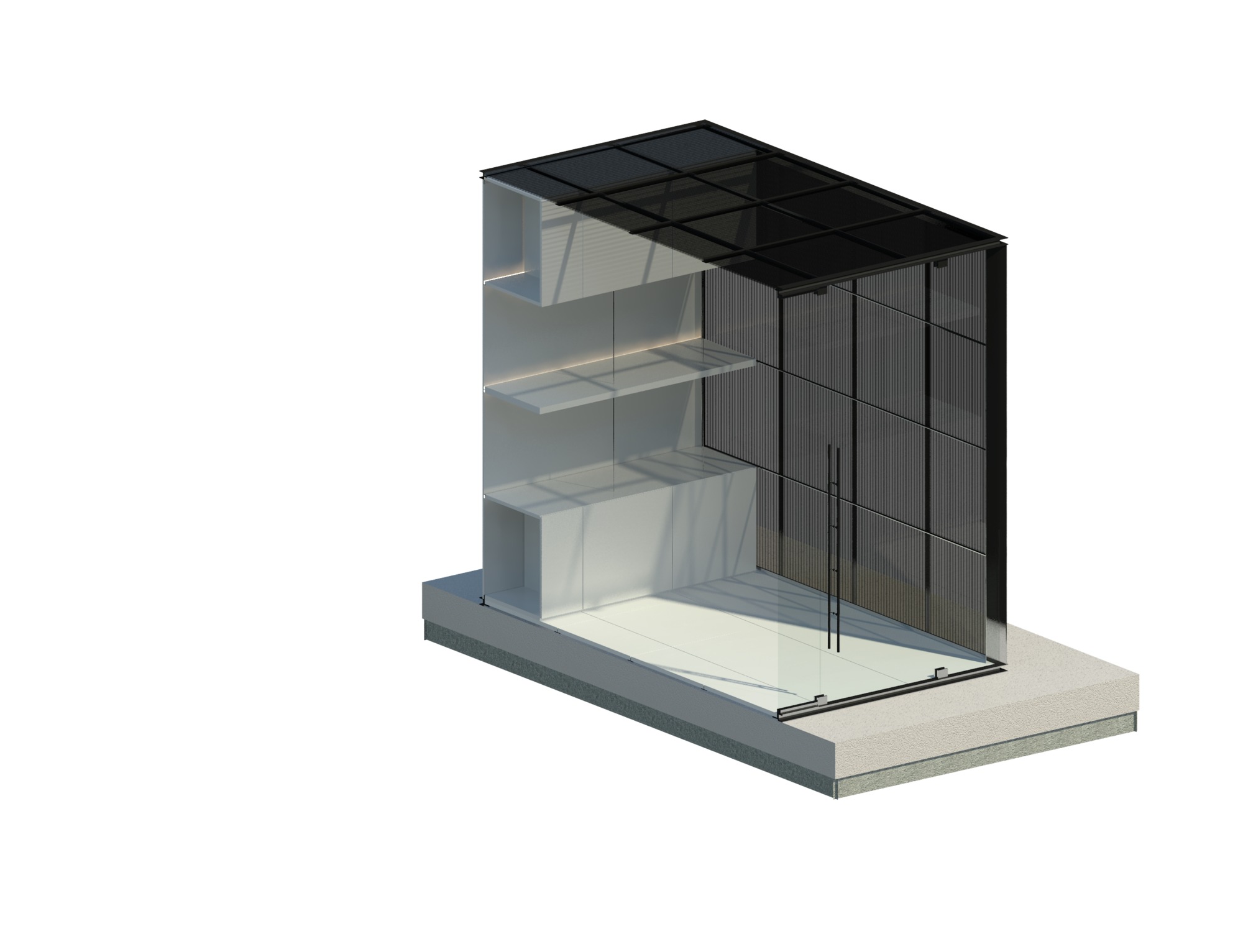 Cutaway axonometric render of a glazed shopfront unit with shelving on one side and a dark louvred screen on a concrete base