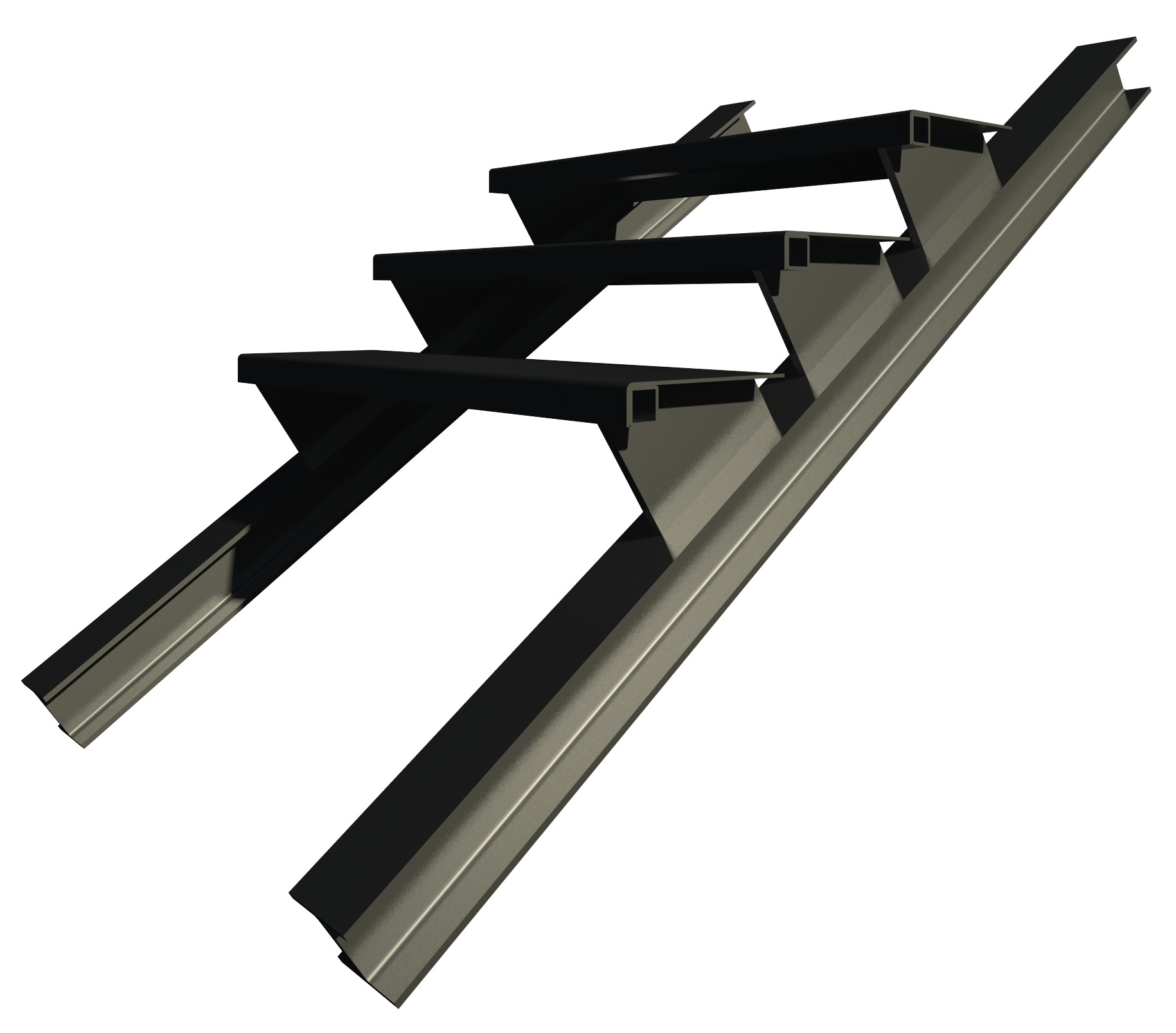 Rendered axonometric of a steel stair frame with three hollow-section treads fixed between two inclined beams against a white ground