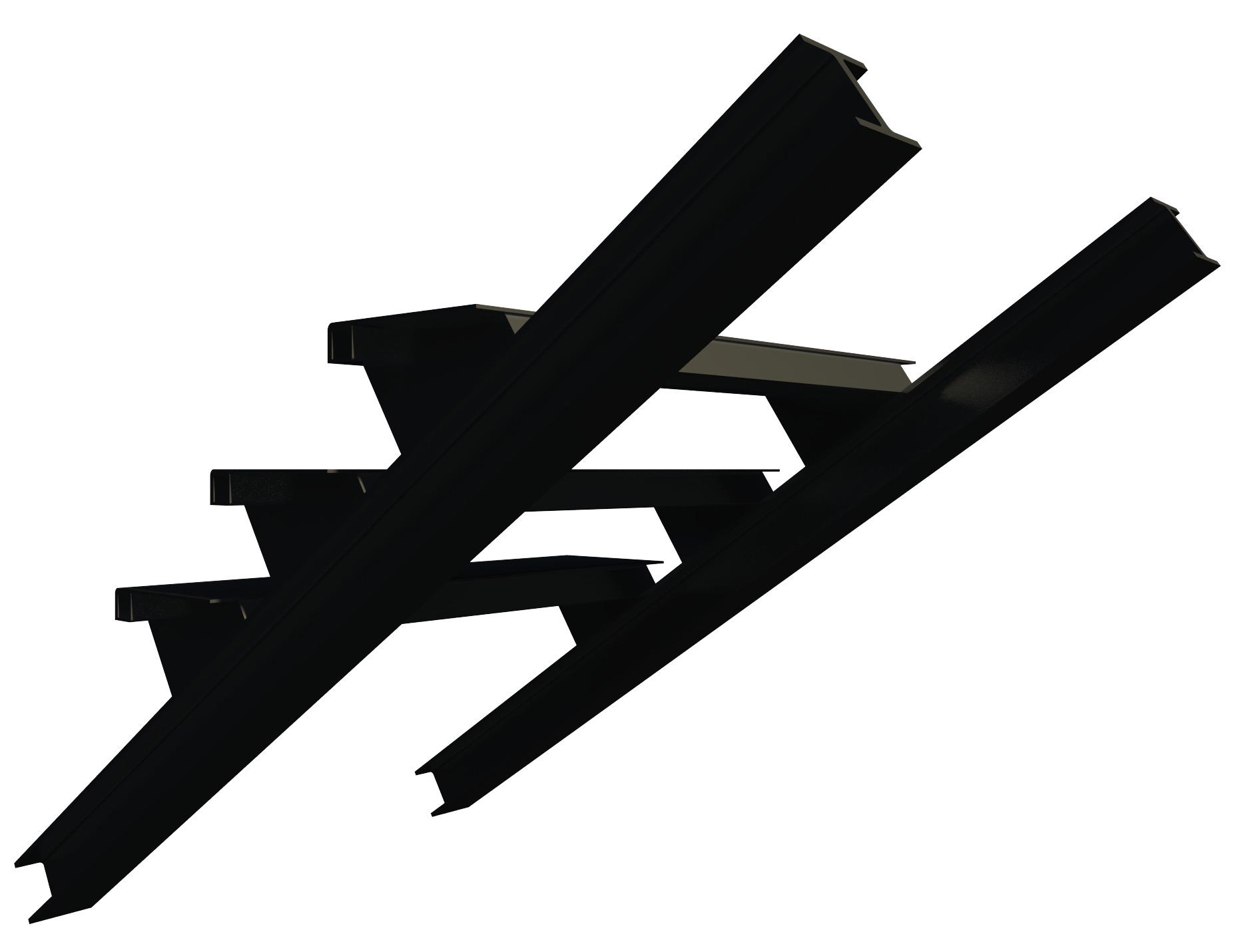 Rendering of two black steel stringers with stepped tread brackets, isolated against a white background and seen from below at an angle
