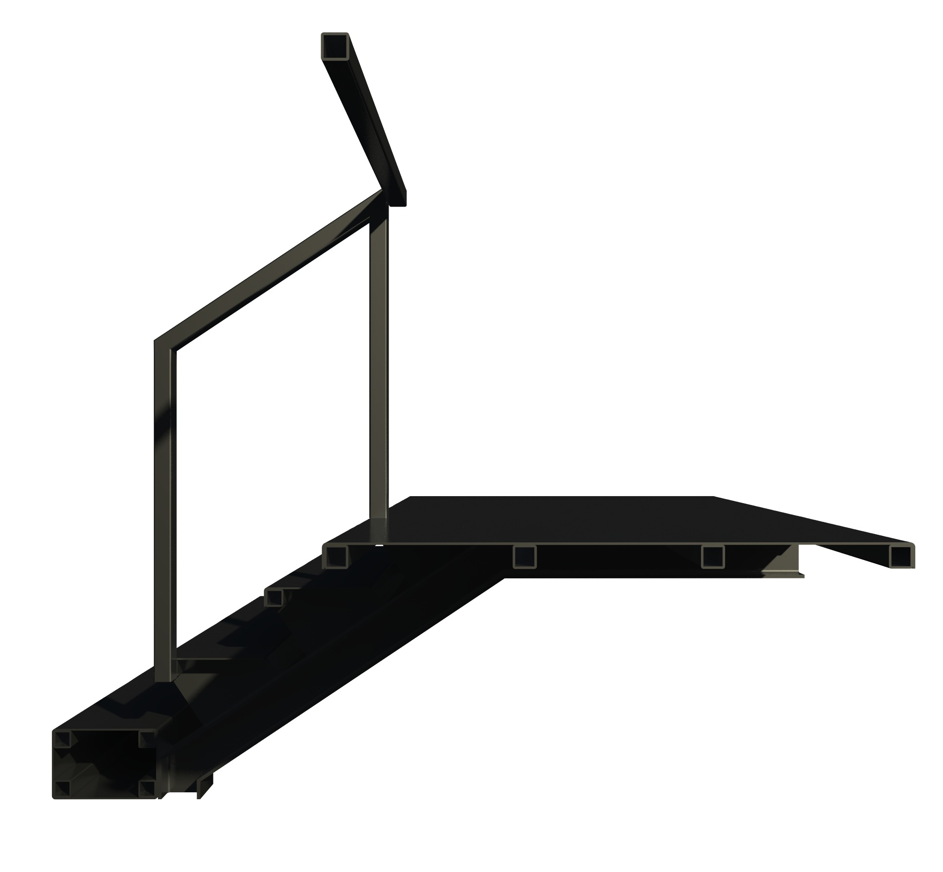 Rendered cross-section of a black aluminium stair landing with extruded hollow deck profiles and a bent tubular handrail on a white ground