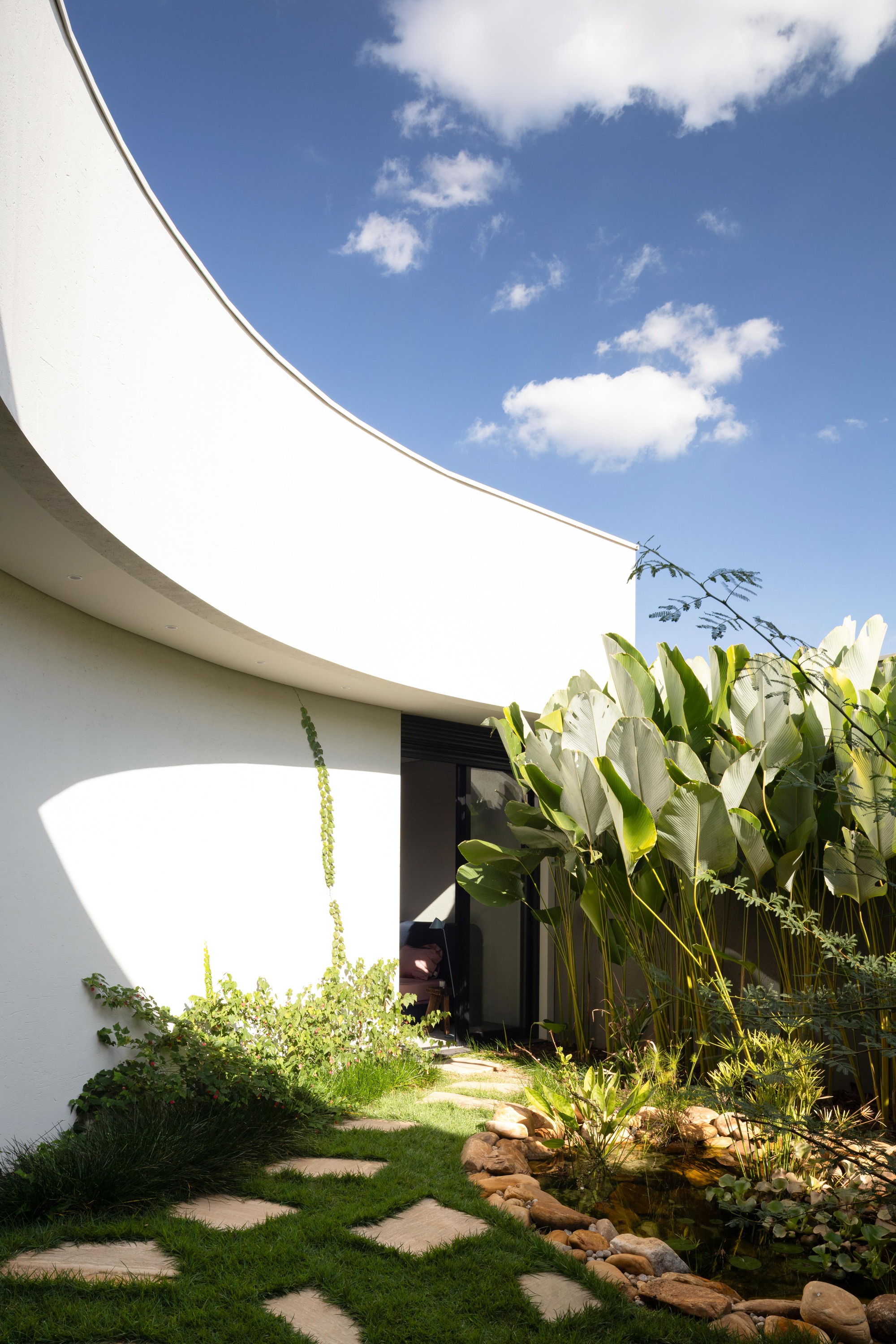 Garden corner with a pond edged in river rocks, large-leaved plants and stepping stones beside the curved white wall in sunlight