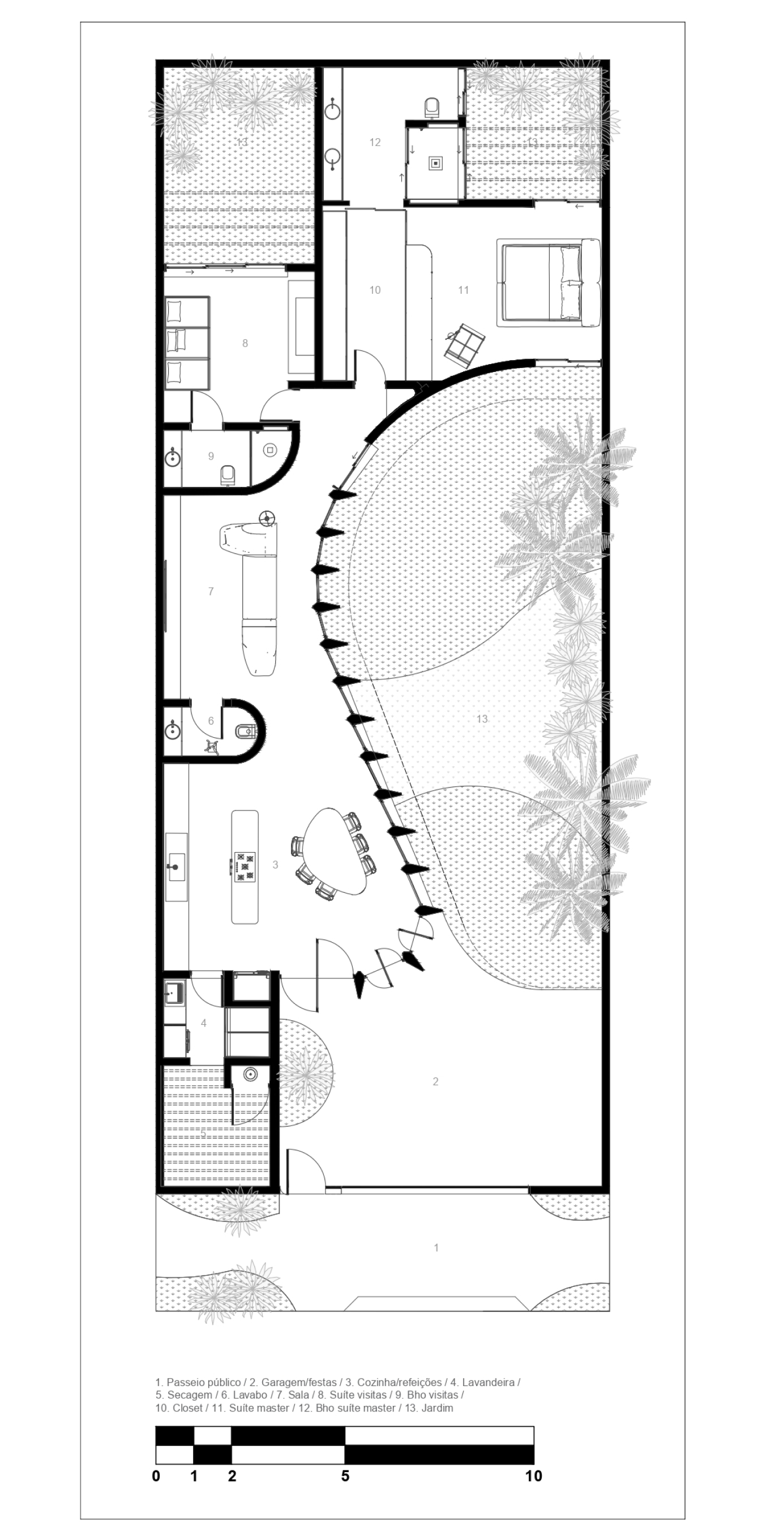 Floor plan drawing of a narrow lot showing a curved fin wall separating living spaces from a planted garden with palms