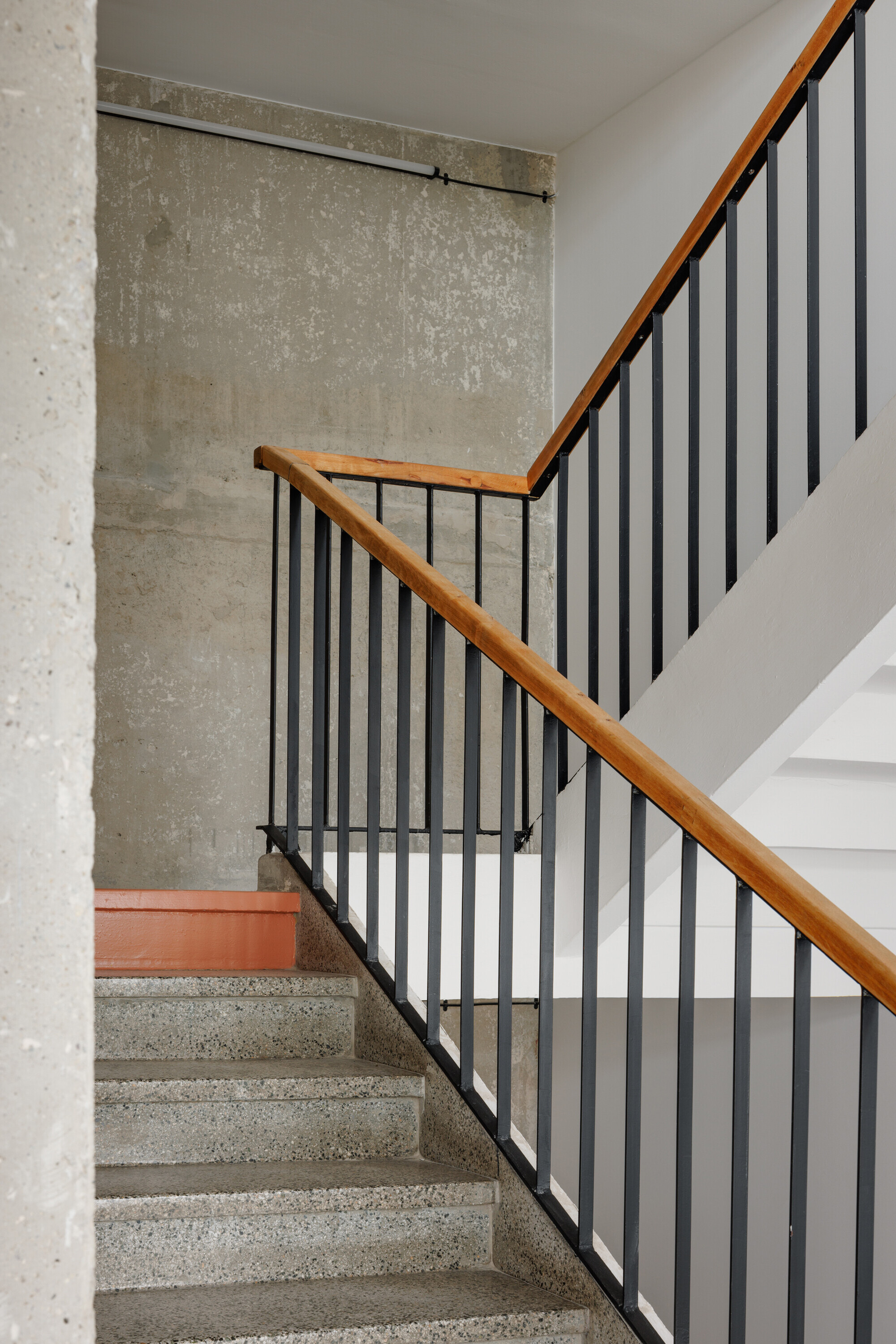 Stairwell with terrazzo steps, black steel balusters and a timber handrail beside a raw concrete wall