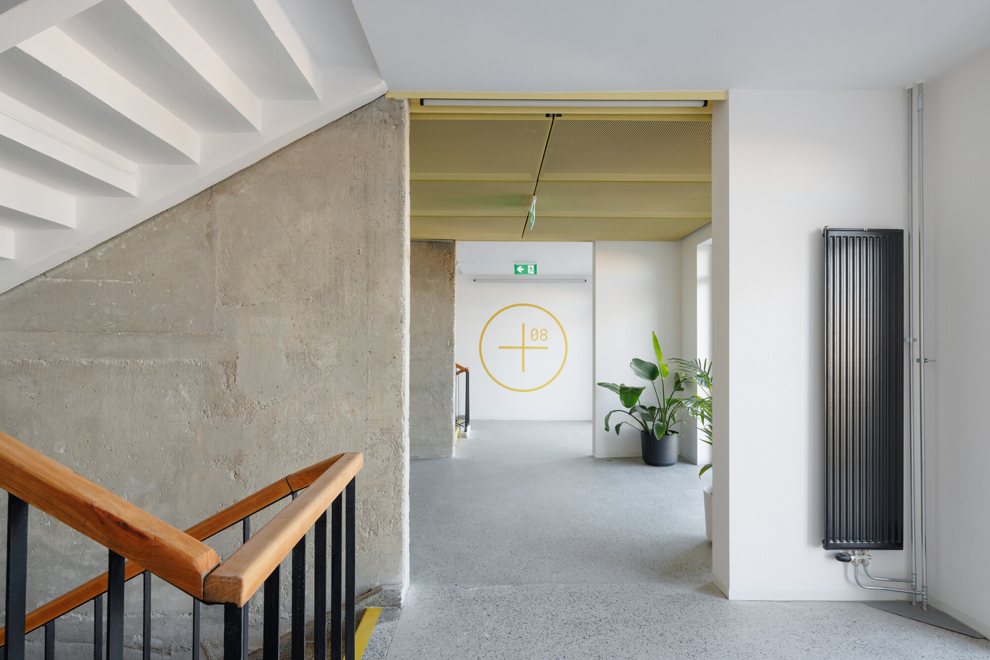 Stairwell landing with raw concrete wall, timber handrail and black vertical radiator, a potted plant at the far end