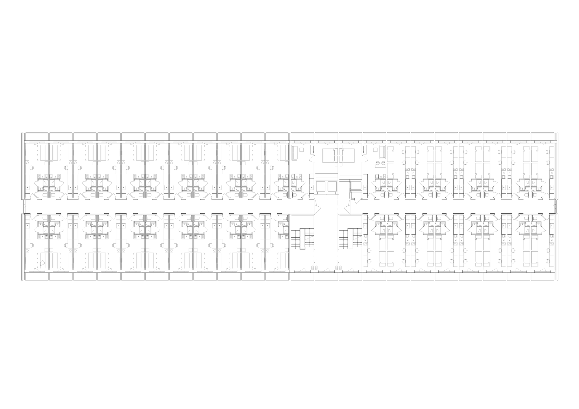 Floor plan drawing of the long slab, with rows of identical narrow rooms on both sides of a central stair and lift core