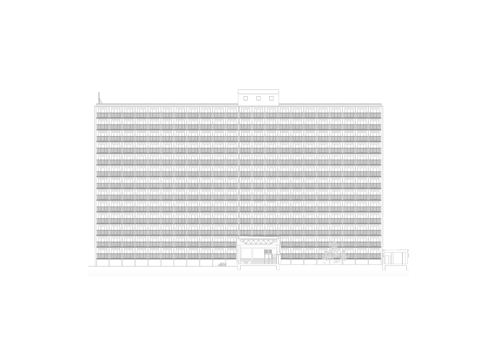 Elevation drawing of the long slab facade, with repeated balcony bays across many floors and a low entrance volume at ground level