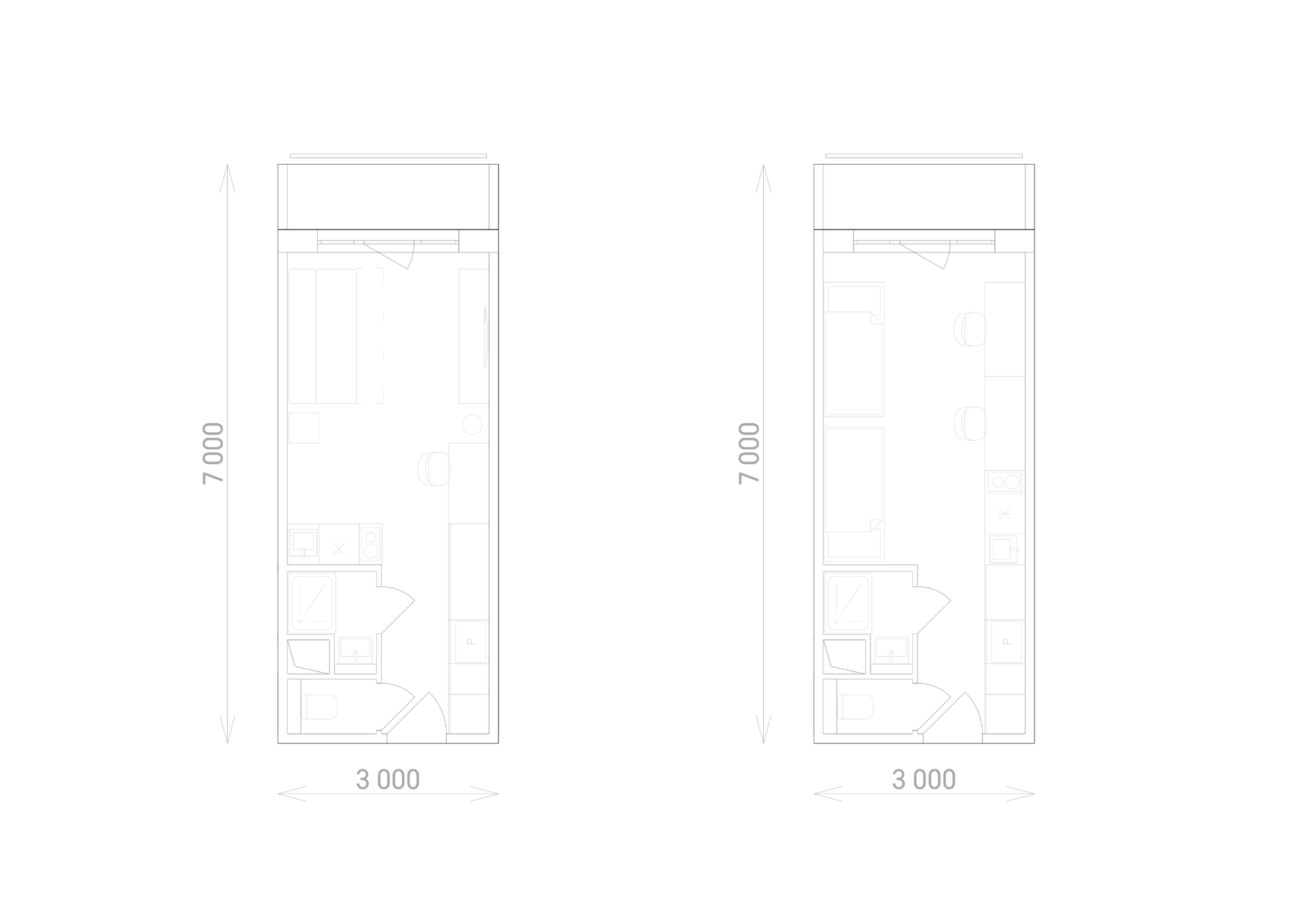 Plan drawing of two room layouts, each 3,000 by 7,000 millimetres, showing bathroom, kitchenette, beds and a balcony at the window end