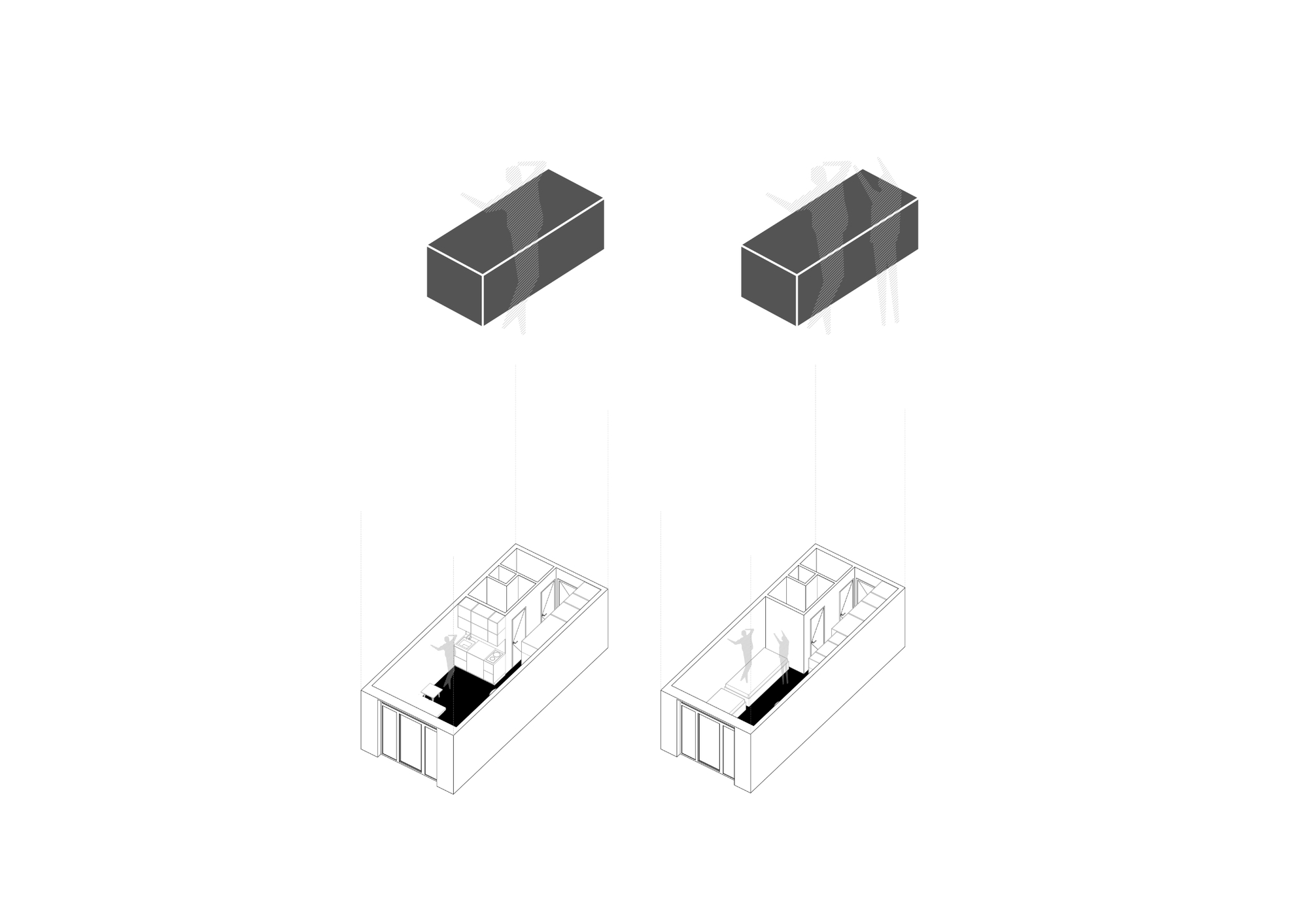 Axonometric drawing of two room variants, with dark volumes floating above cutaway rooms showing figures, bathroom pods and furniture