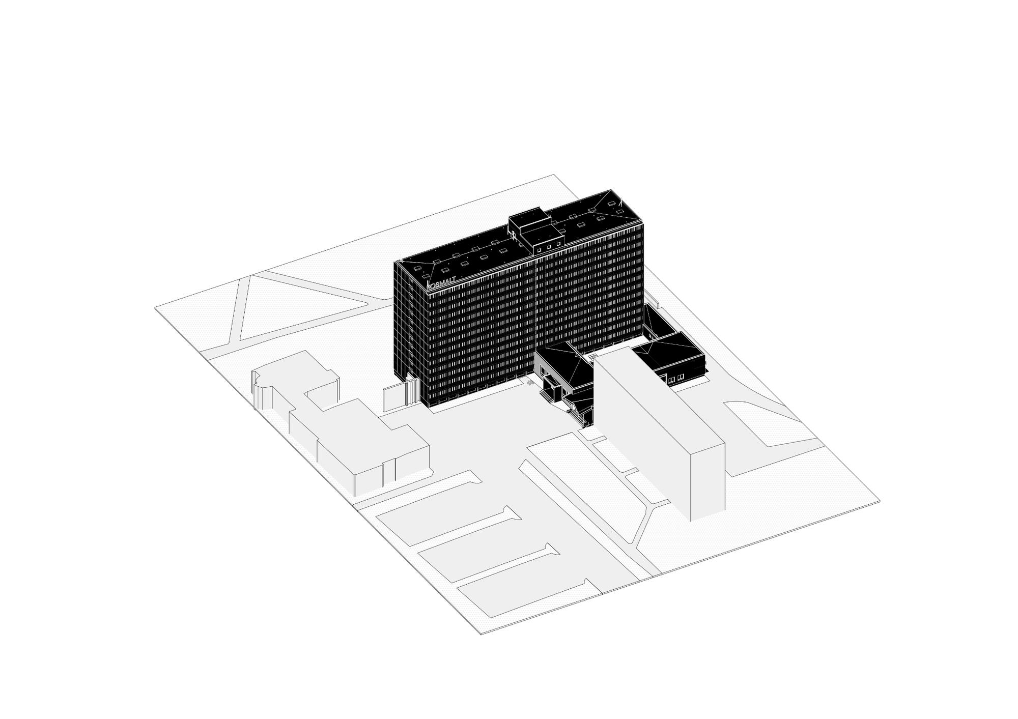 Axonometric site drawing showing a long dark slab block among low neighbouring volumes, parking bays and paved paths on a white ground