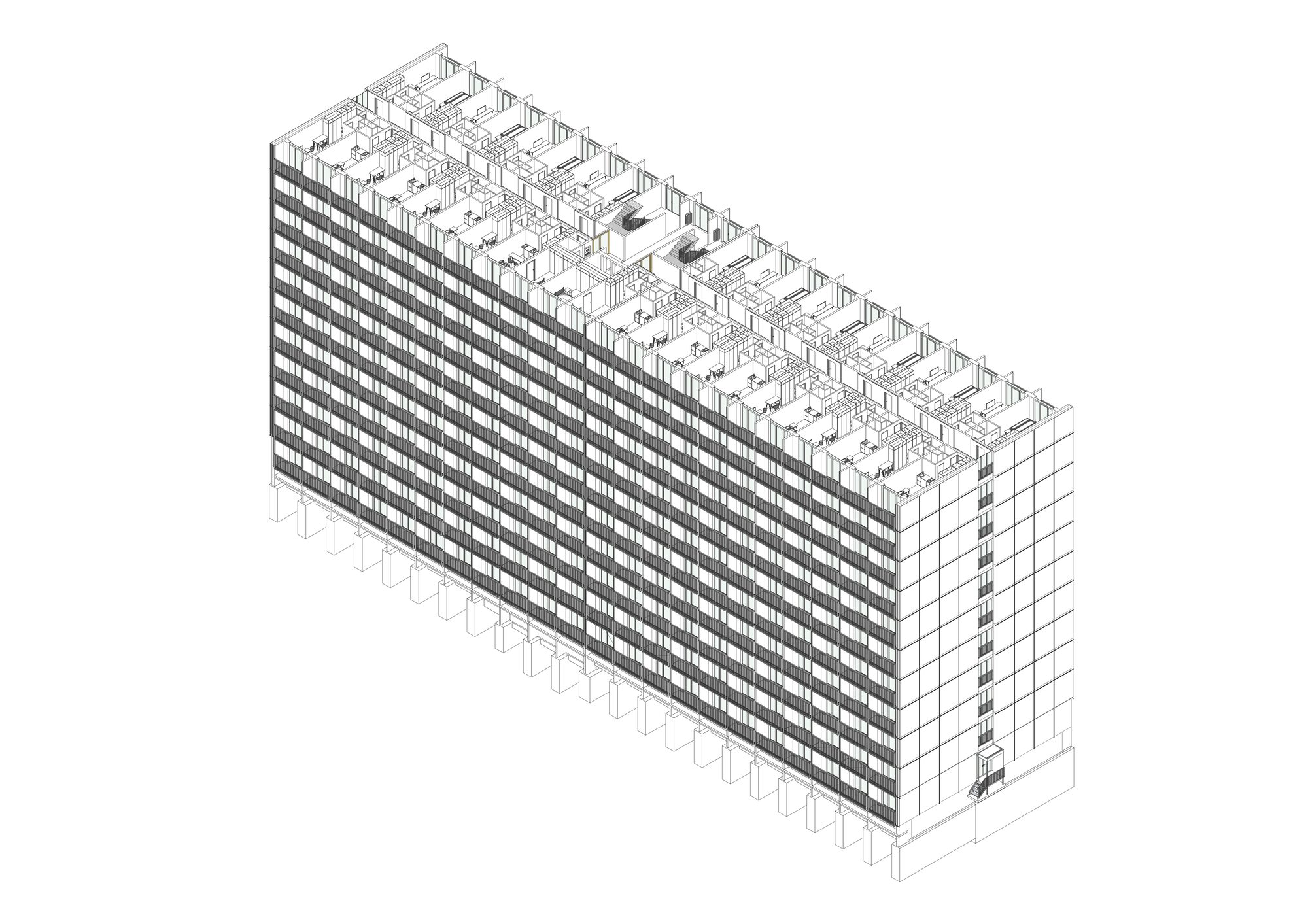 Cutaway axonometric drawing of the long slab block showing repeated apartment units on the top floor, a gridded facade and columns at ground level