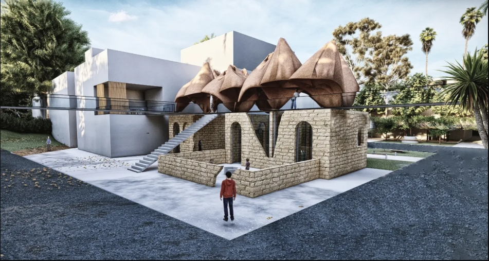 Rendered view of a rubble stone pavilion with arched openings, an exterior stair and clustered mud domes above, a figure in red standing in front. Image: Mohamed Abdellatif, Melike İnce, Eda nur Subaşı