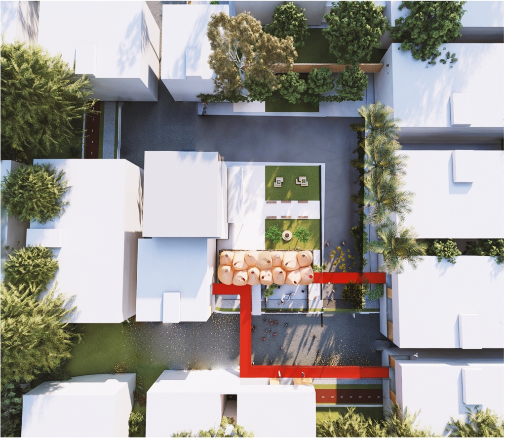 Top-down render of the cluster of dome roofs in a courtyard, with a red pedestrian path winding between white rooftops and trees. Image: Mohamed Abdellatif, Melike İnce, Eda nur Subaşı