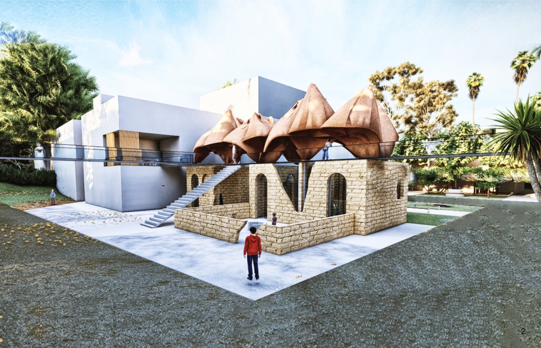 Rendered view of the rubble stone rooms with arched doorways and a stair, topped by copper-toned domes under a pale blue sky. Image: Mohamed Abdellatif, Melike İnce, Eda nur Subaşı