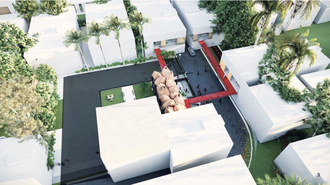 Oblique aerial render of the dome cluster in a courtyard, with a red walkway, small crowd, palms and white neighboring blocks. Image: Mohamed Abdellatif, Melike İnce, Eda nur Subaşı