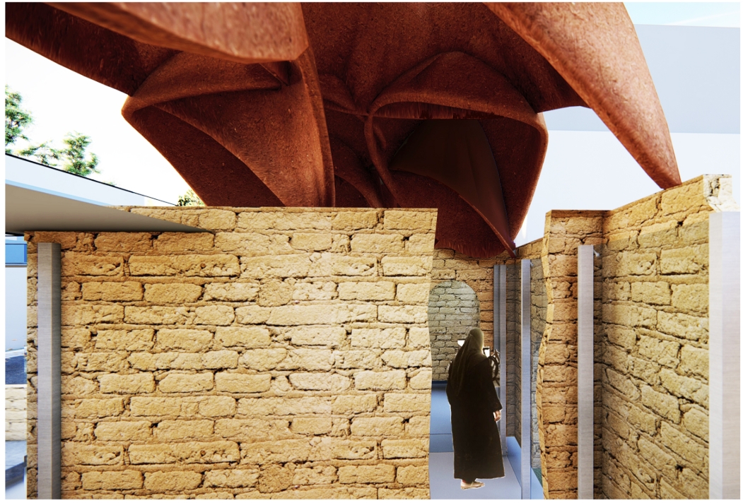 Rendering of a hooded figure standing in a doorway between rough stone block walls under a terracotta canopy of folded petal-like forms. Image: Mohamed Abdellatif, Melike İnce, Eda nur Subaşı