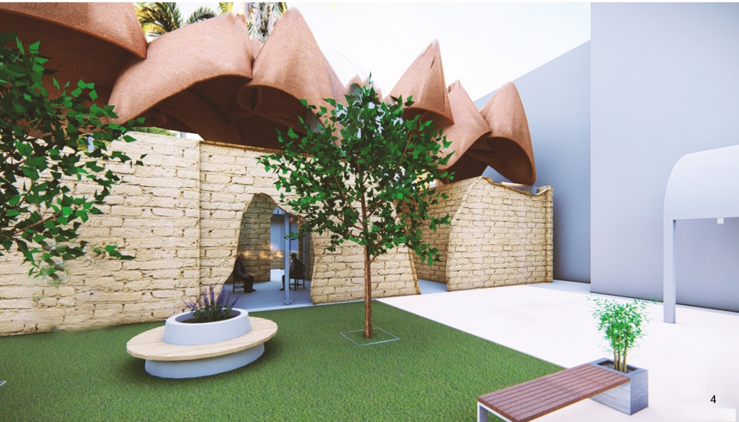 Rendering of a courtyard with a young tree, round planter bench and lawn in front of a curved stone wall and scalloped terracotta roof. Image: Mohamed Abdellatif, Melike İnce, Eda nur Subaşı