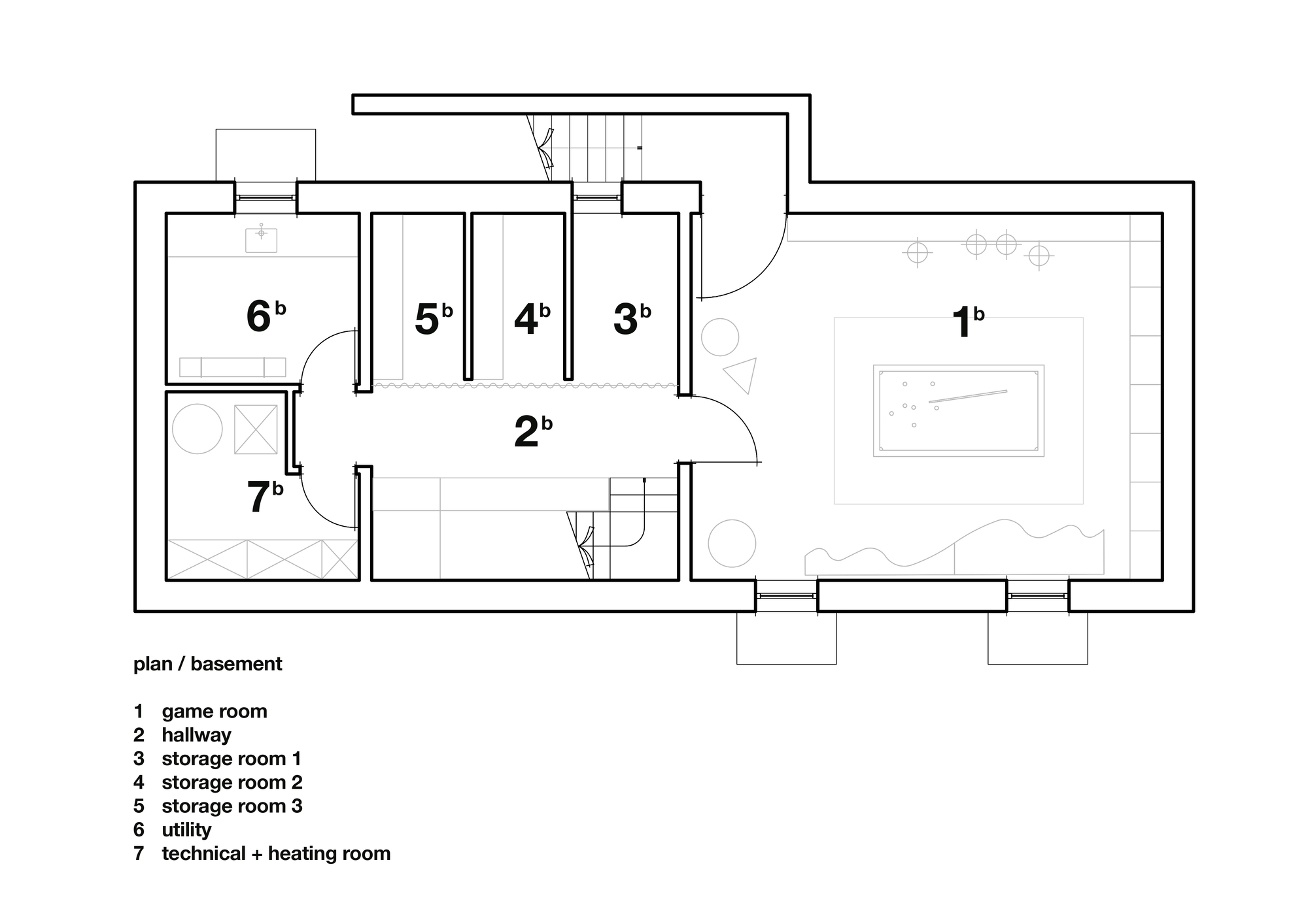 Basement floor plan drawing showing a large game room with a pool table, a central hallway, three storage rooms, a utility room and a heating room