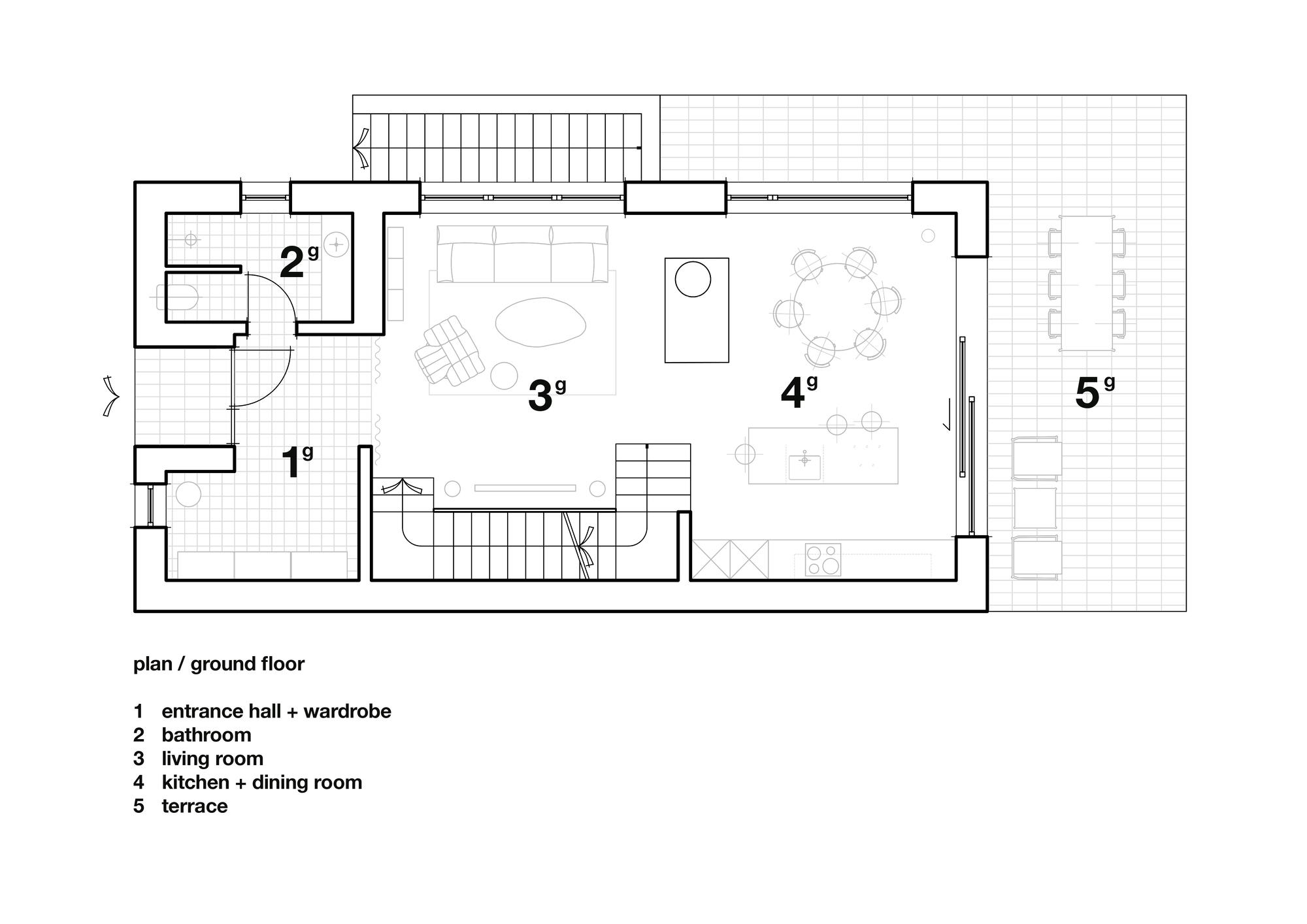 Ground floor plan drawing showing an entrance hall, bathroom, living room, kitchen with round dining table and a terrace along the right side