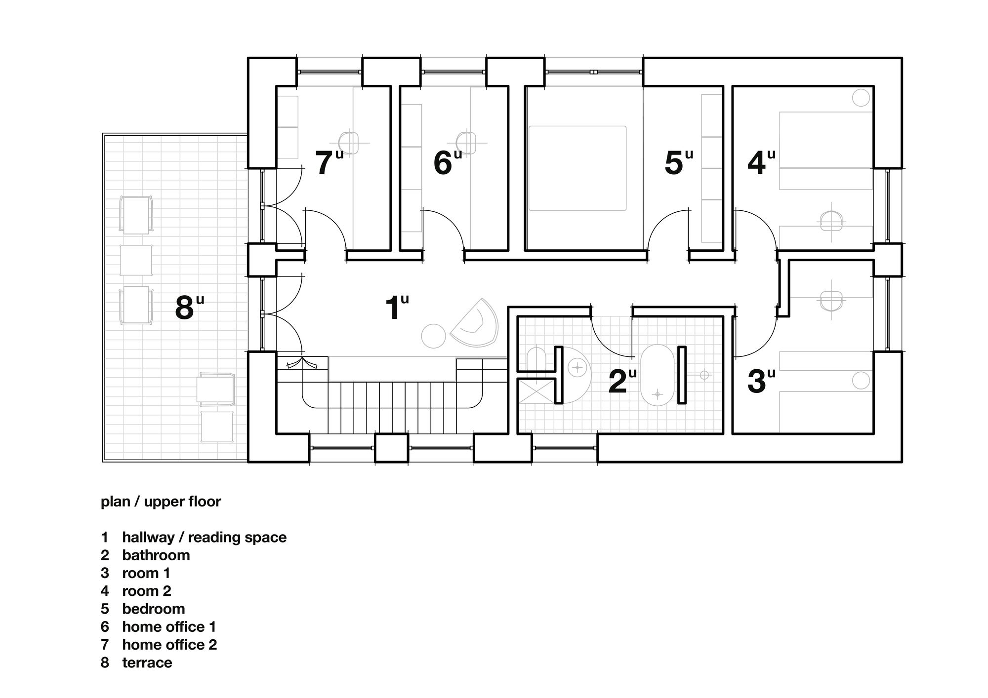 Upper floor plan drawing showing a central hallway with reading space, a bathroom, bedrooms, two home offices and a terrace at the left end