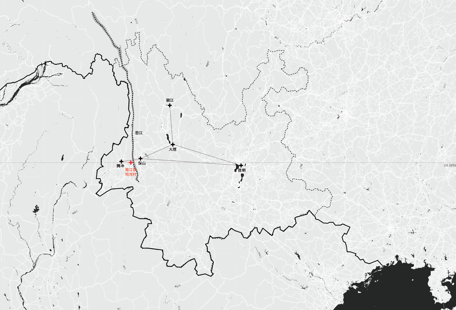 Regional map drawing in grey and white showing road networks, a province boundary and a red marked site linked to nearby towns by thin lines