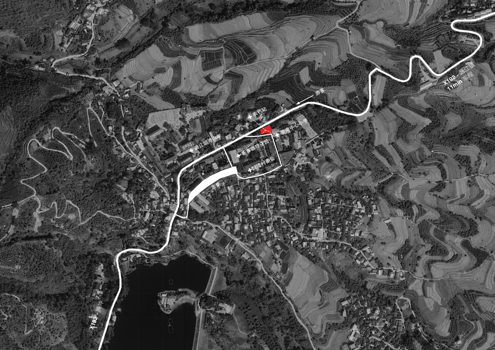 Black and white aerial site map of a hillside village with terraced fields, a reservoir and a highlighted road in white