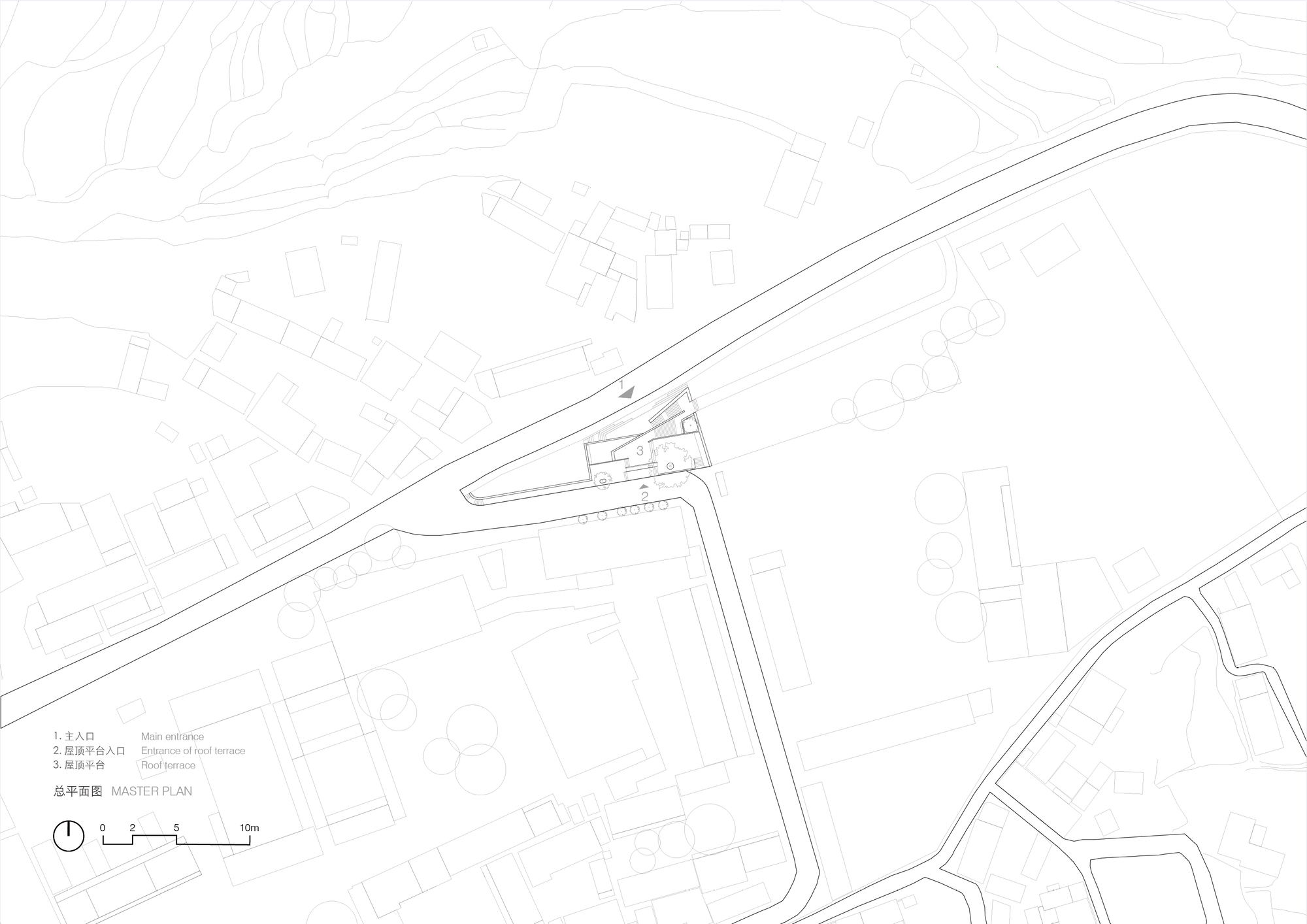 Master plan drawing showing a small triangular building at a road junction among village buildings and scattered trees