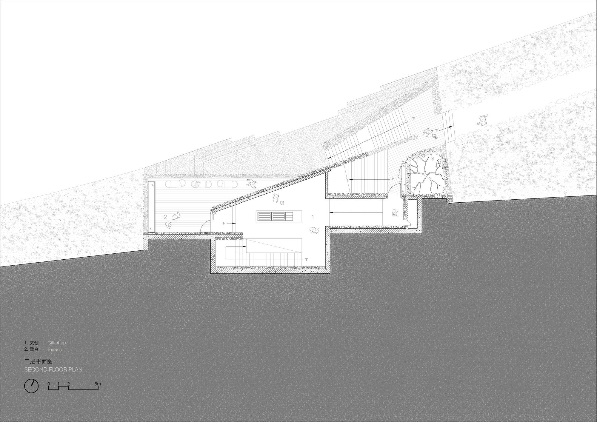 Second floor plan drawing showing a gift shop and terrace with a stair running up the sloped site beside a tree