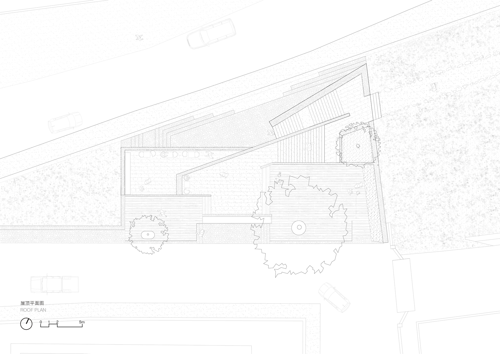 Roof plan drawing showing a triangular terrace with timber decking, a sloped stair and two large tree canopies