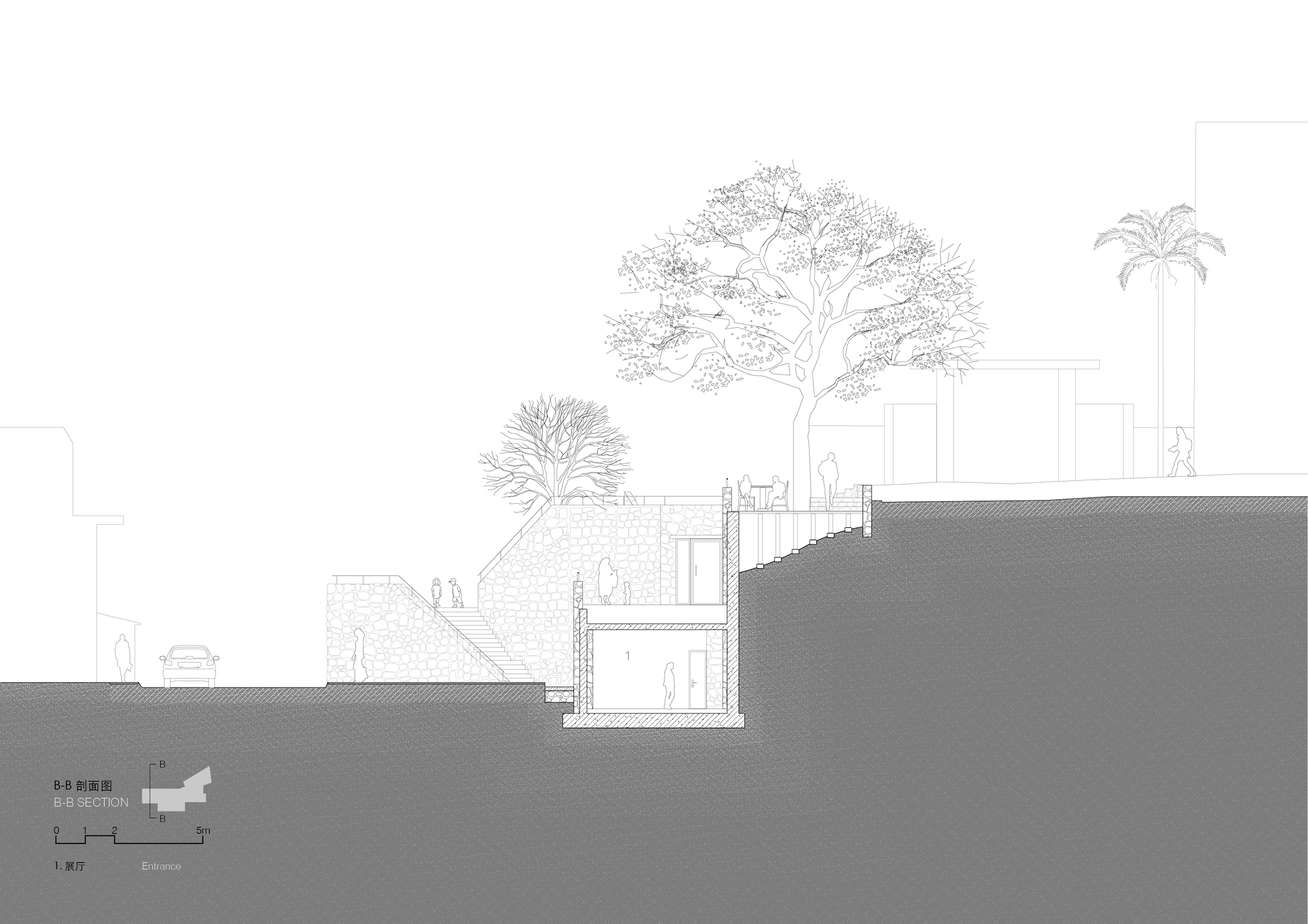 Section B-B drawing showing a stone-walled entrance hall set into the hillside, with a stair climbing past a bare tree to a terrace