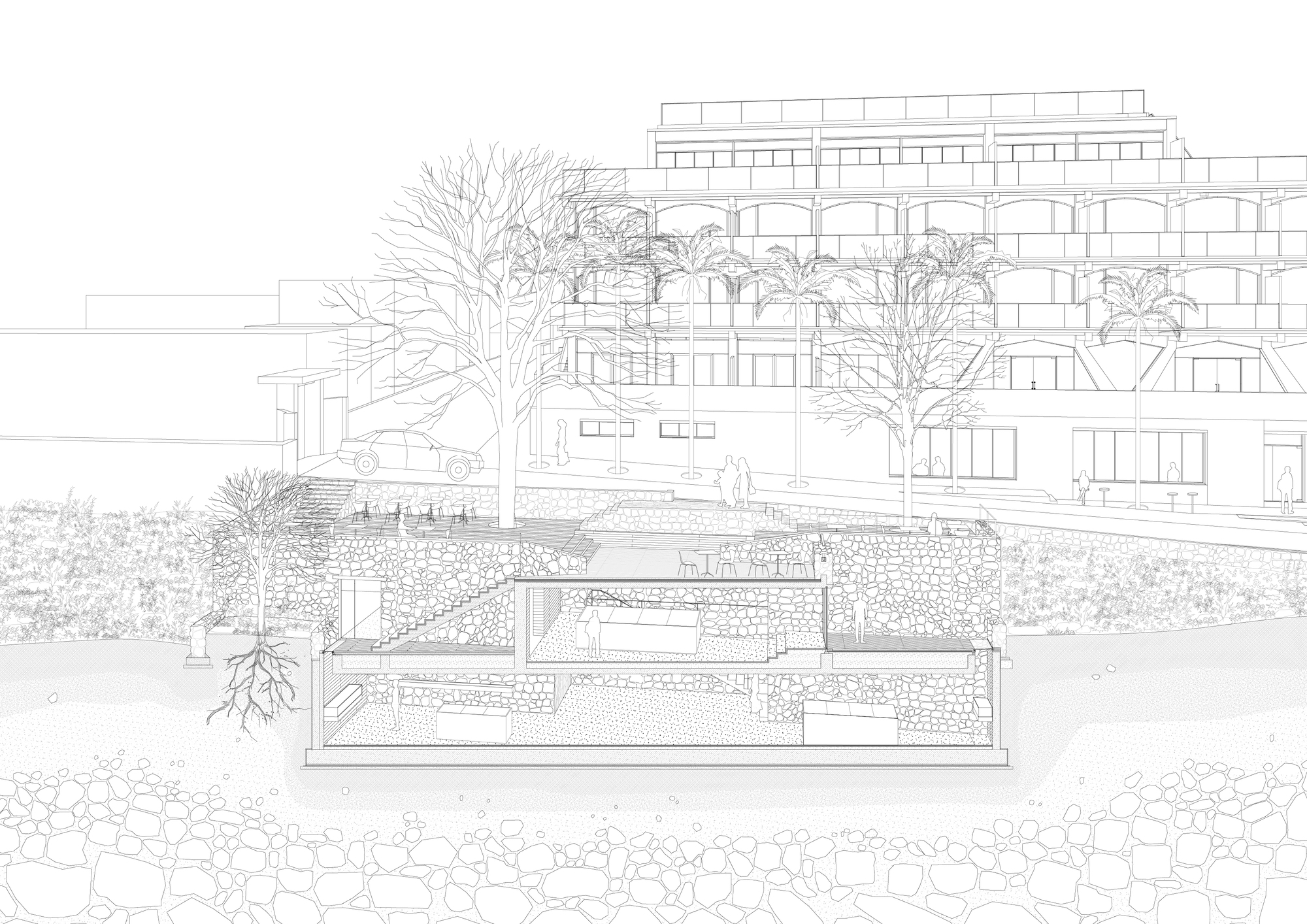 Cutaway perspective drawing of the stone-clad partly buried building with a rooftop terrace, tables and palms in front of a terraced apartment block