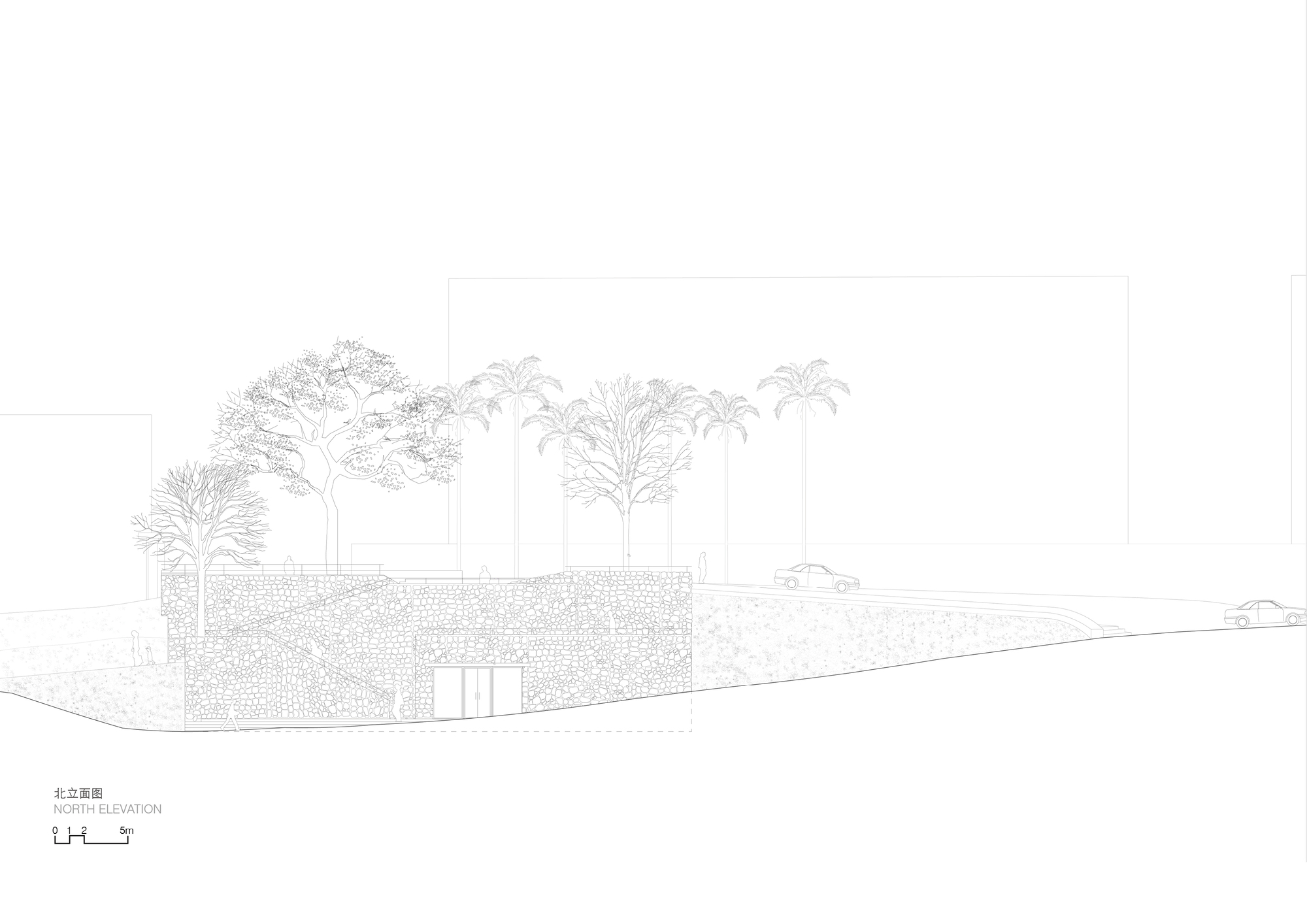 North elevation drawing of a long rubble stone wall with a glazed double door, palms and trees behind and cars on the road