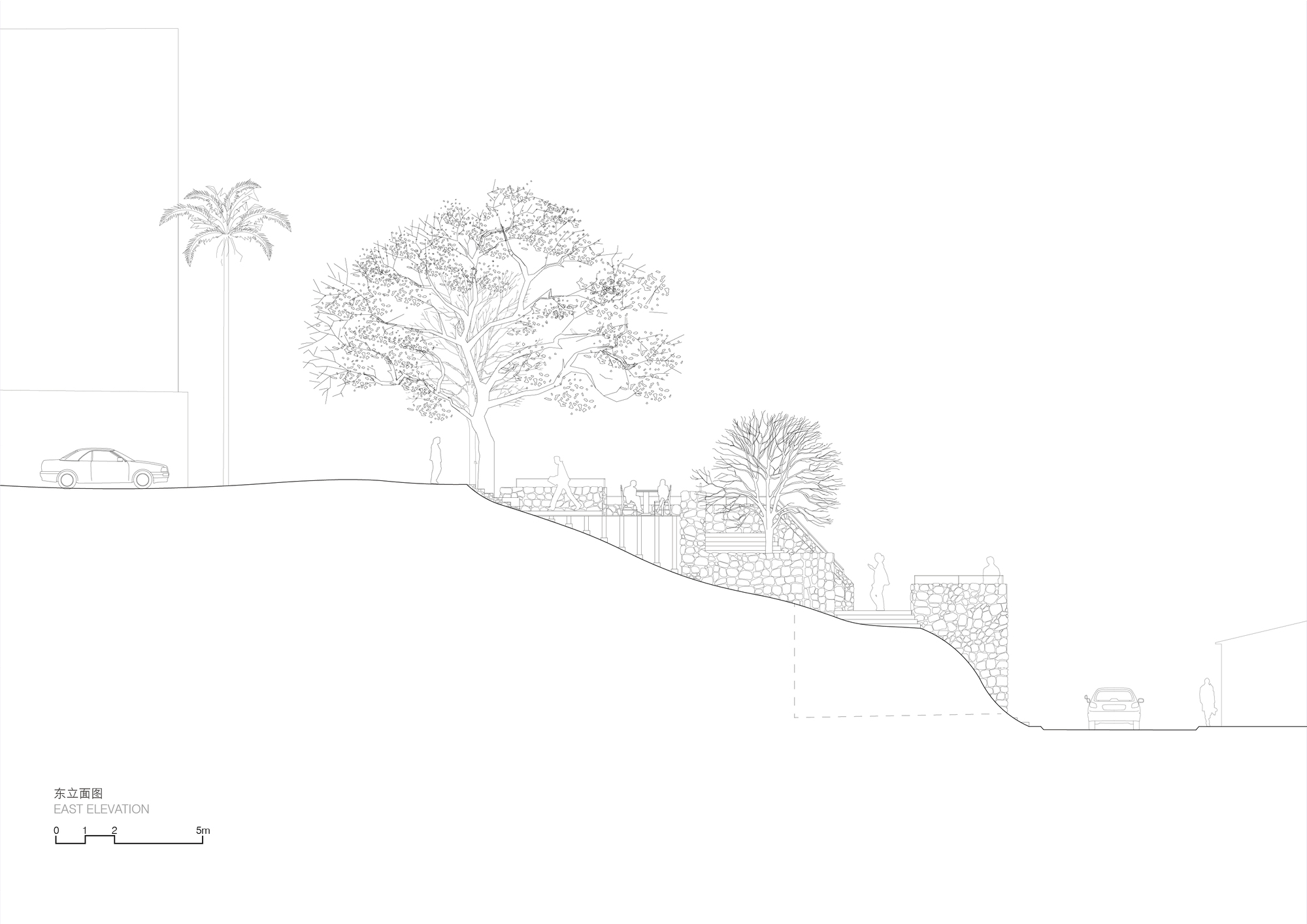 East elevation drawing showing the stone terraces climbing a hillside slope beneath a spreading tree, with a palm and a car at the upper road