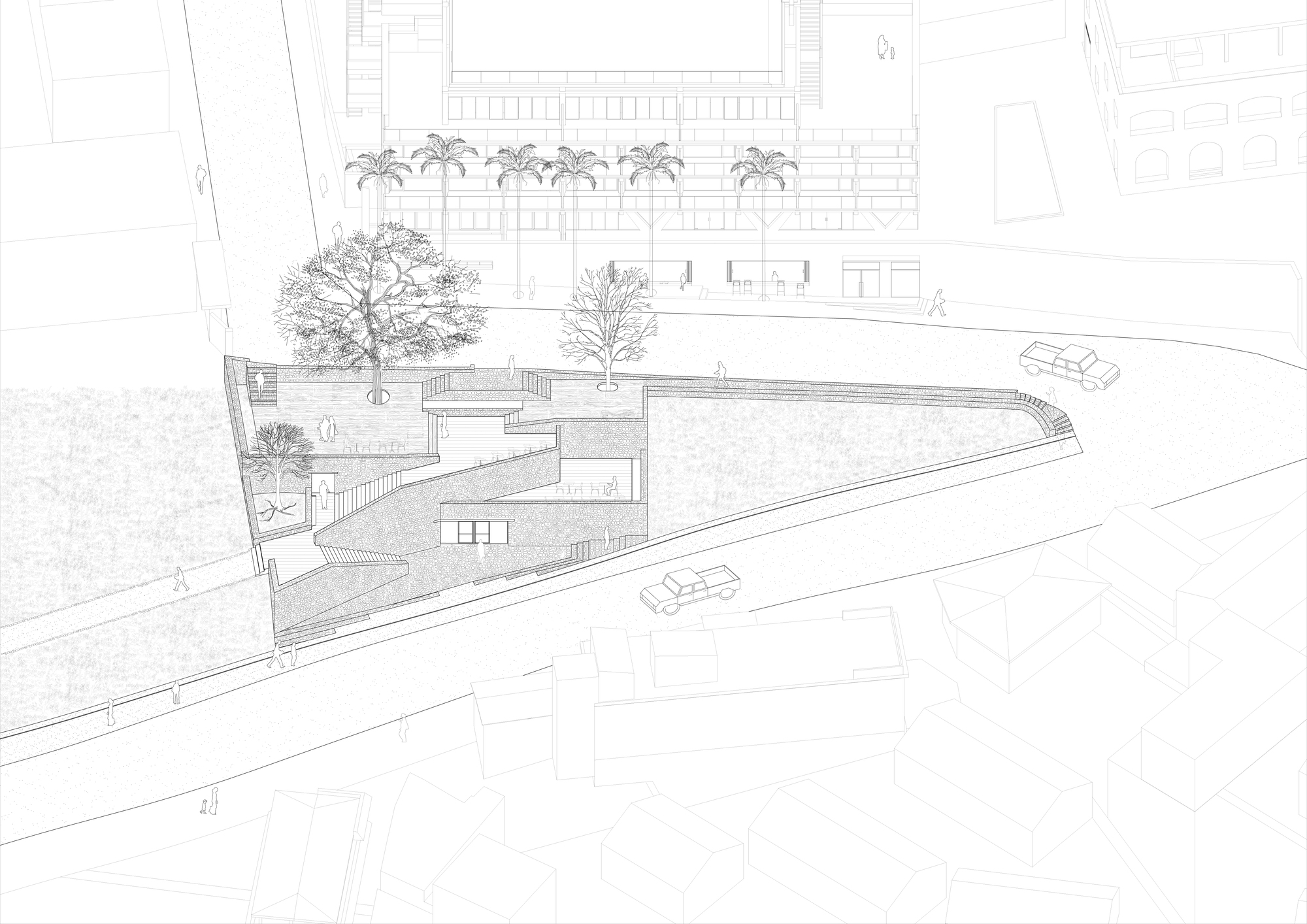Aerial axonometric drawing of a triangular stone-walled site with stairs and a large tree, between two roads and a row of palms