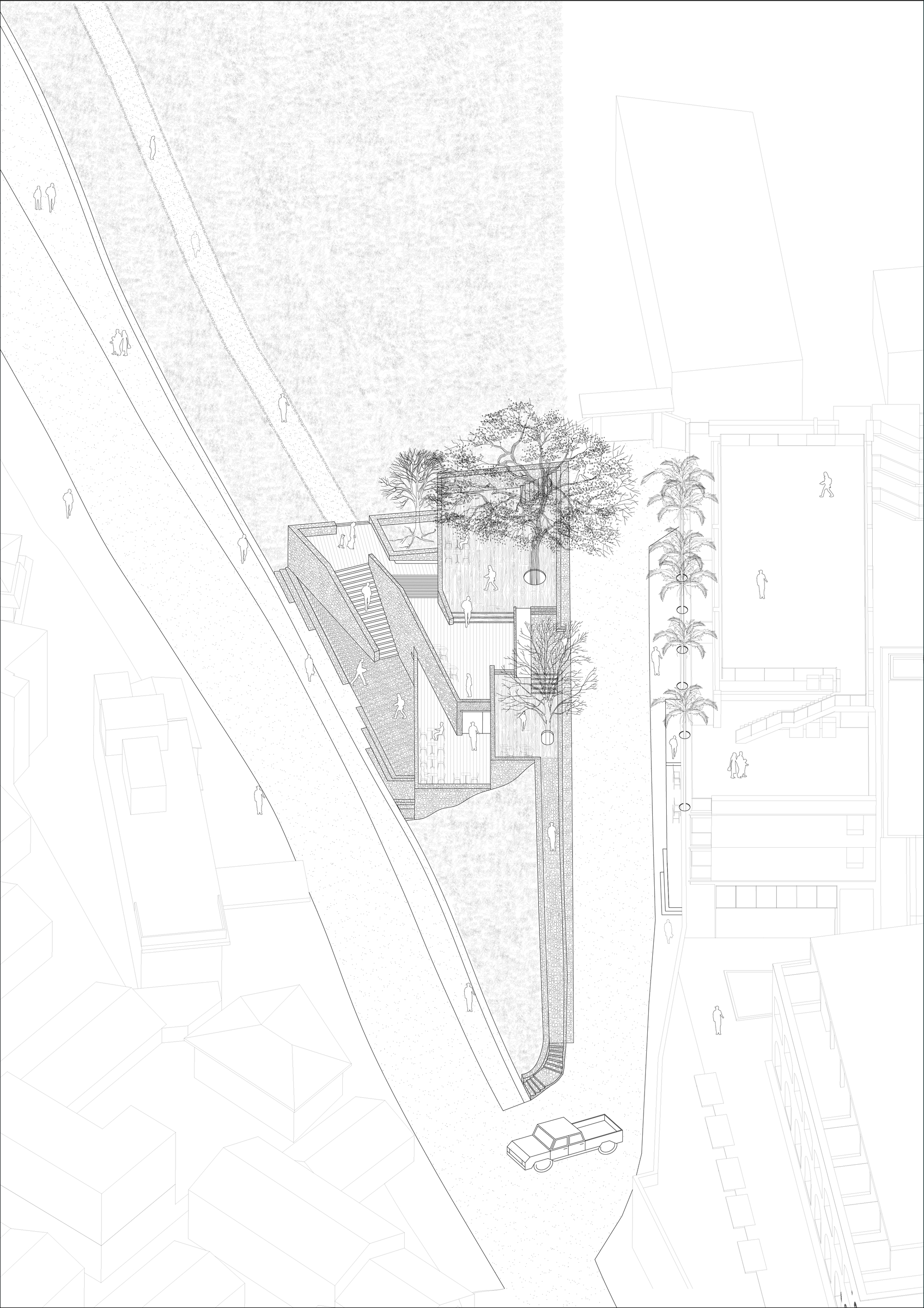Vertical aerial axonometric drawing of the narrow stepped site along a curving road, with a pickup truck and a row of palms nearby