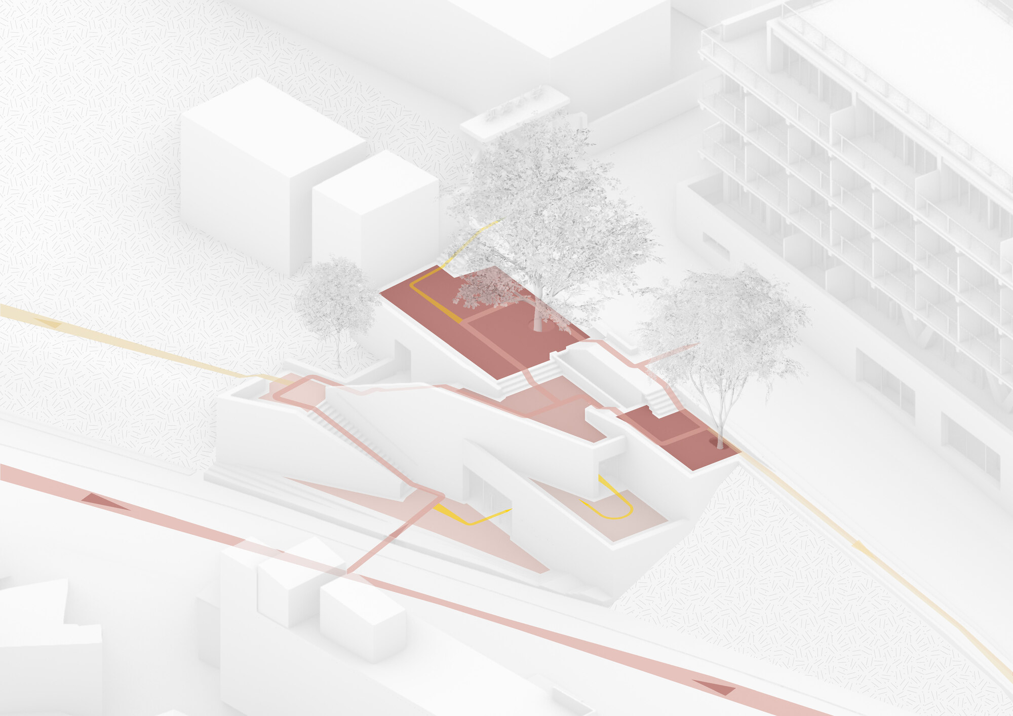 Isometric diagram in white with red circulation paths tracing stairs and terraces through the stepped volumes, beside tall trees and a housing block
