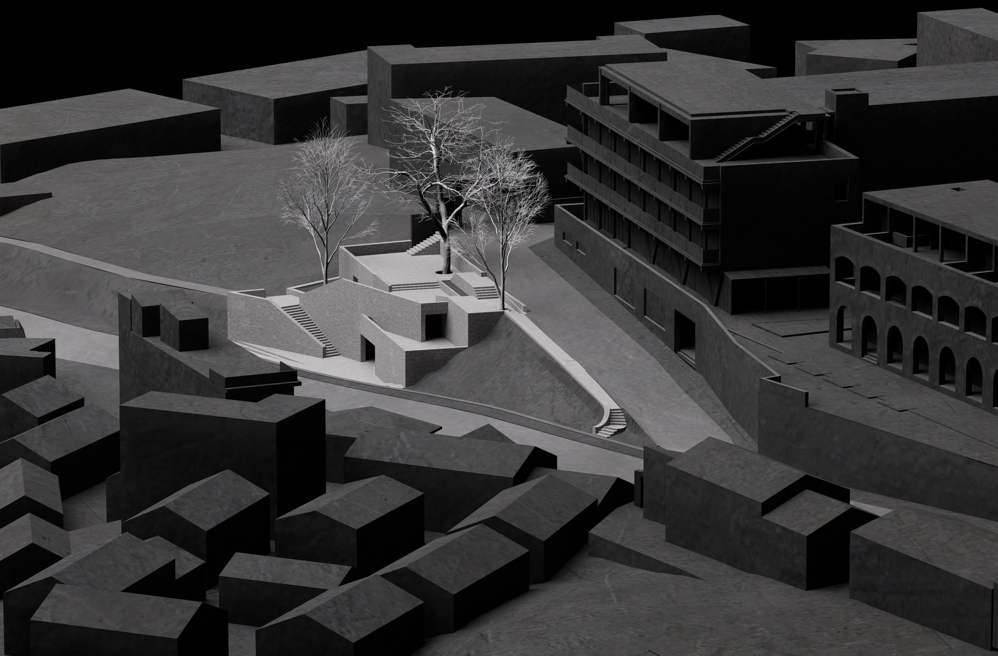 Site model view of a stepped terrace with stairs and bare trees, set between a terraced block and an arcaded building