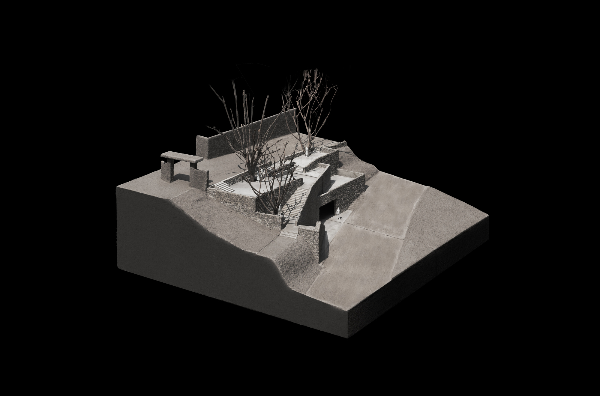 Block model of a sloping site with a stepped concrete terrace, stairs and leafless trees on a black ground