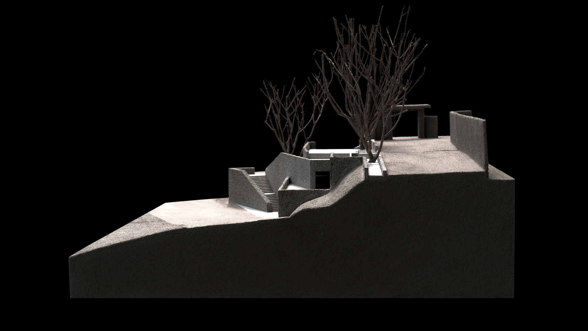 Side elevation of the terrain model showing a stair and dark doorway cut into the slope beneath bare trees