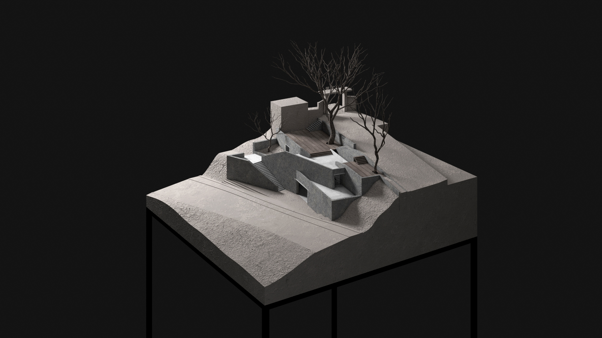 Raised model on a black stand showing concrete retaining walls, a timber deck and stairs among leafless trees