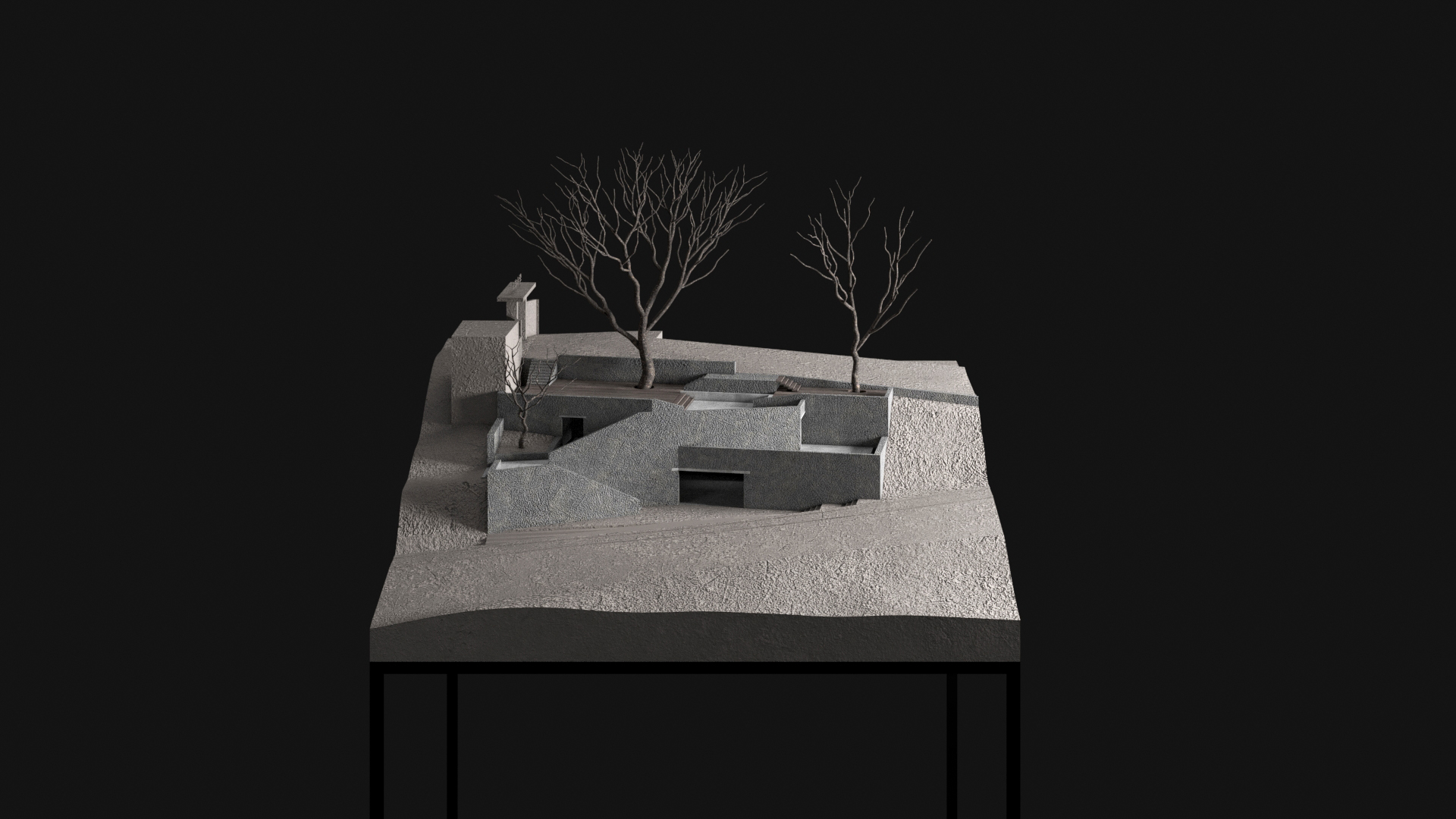 Frontal view of the model with concrete walls, a dark opening and two bare trees on a textured hillside