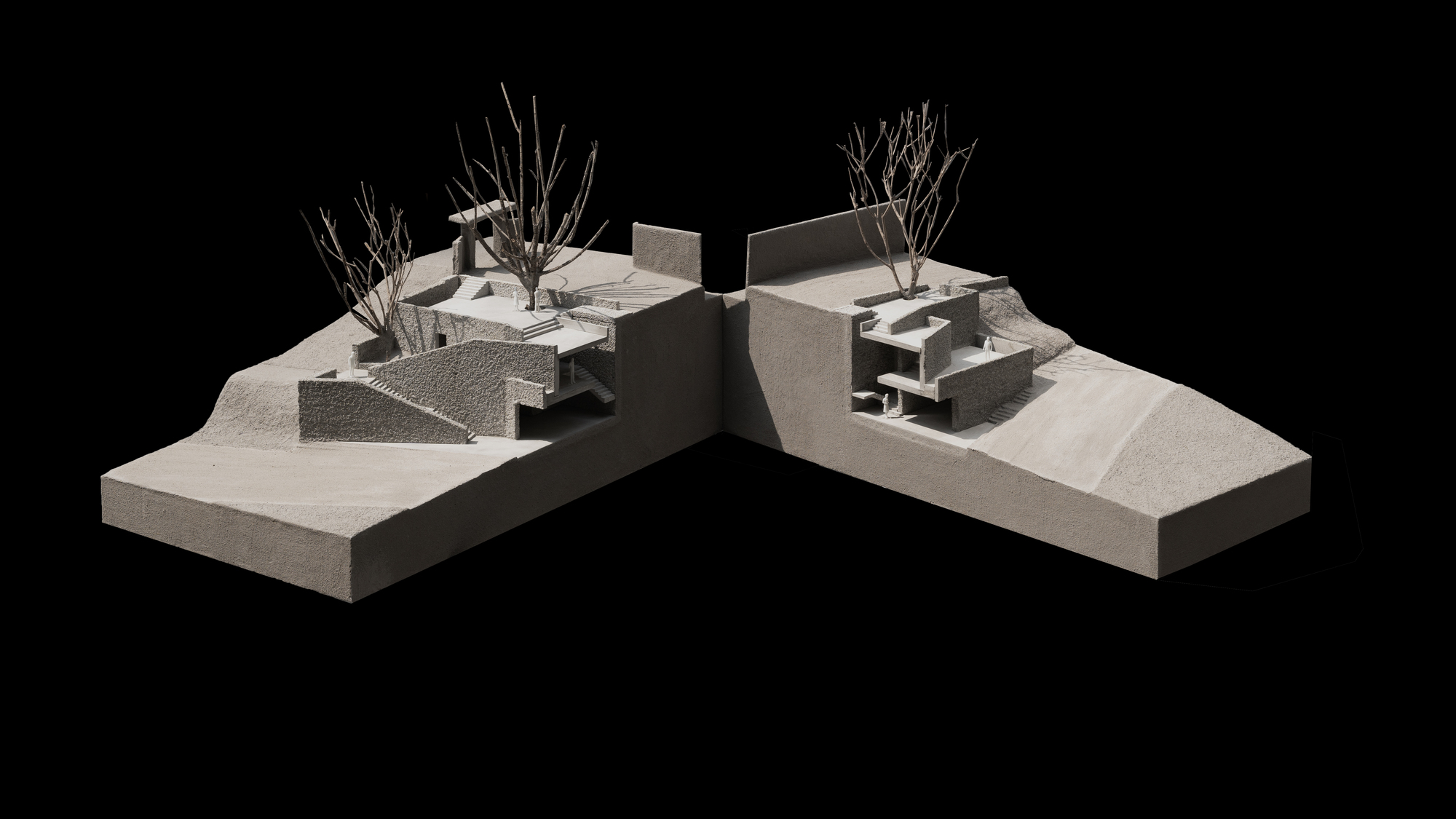 Aerial view of a physical site model with two cut terrain blocks, bare tree sculptures and stepped concrete volumes carved into the slope