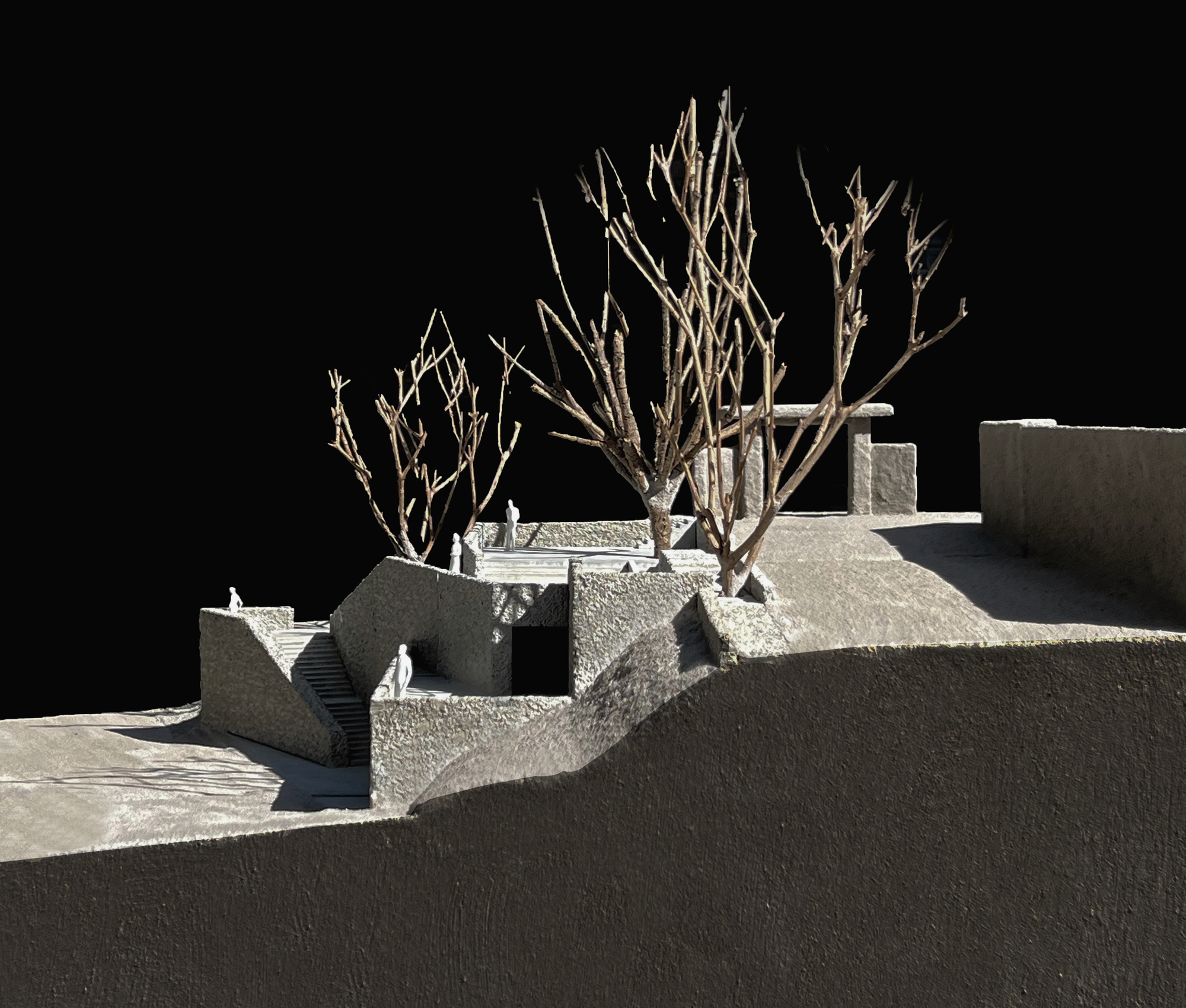 Site model showing a sunken stair court and small figures below bare branching trees, lit hard against a black background