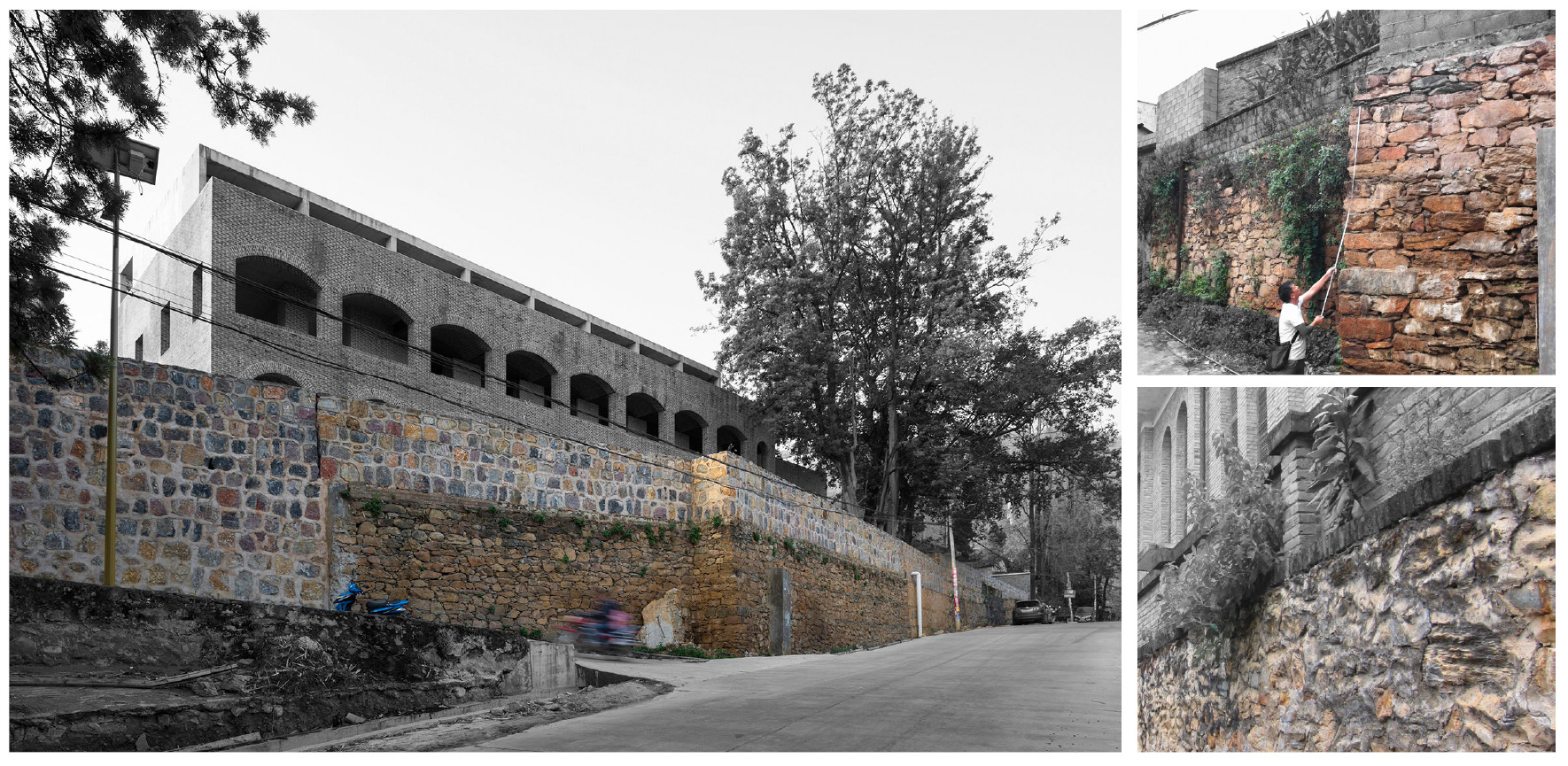 Street view of an arched upper storey above a stacked stone retaining wall, with two detail photos of the masonry and a worker