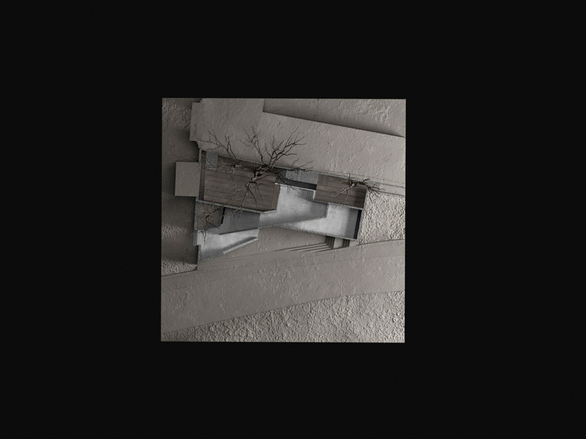 Top-down view of a site model with timber-roofed volumes, a concrete courtyard and bare twig trees on a textured ground