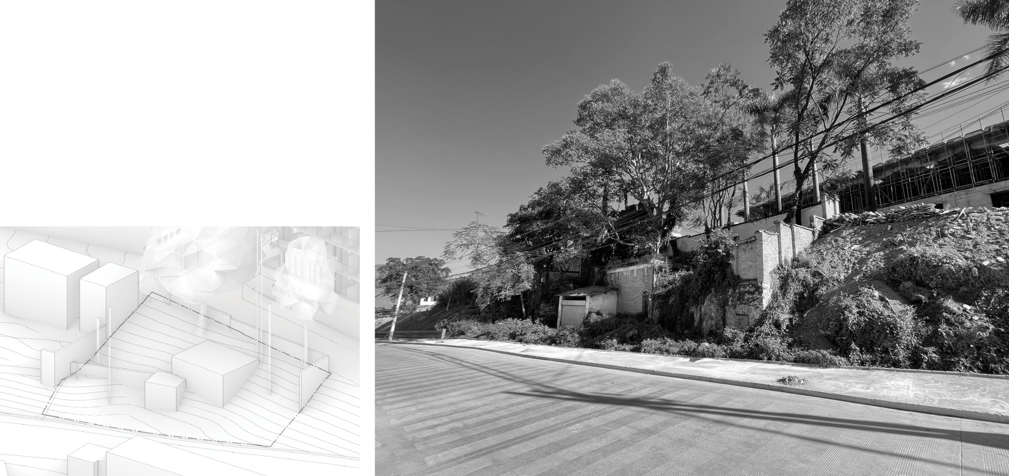 Axonometric line drawing of block volumes on contour lines, beside a black-and-white photo of a vacant sloped lot with trees