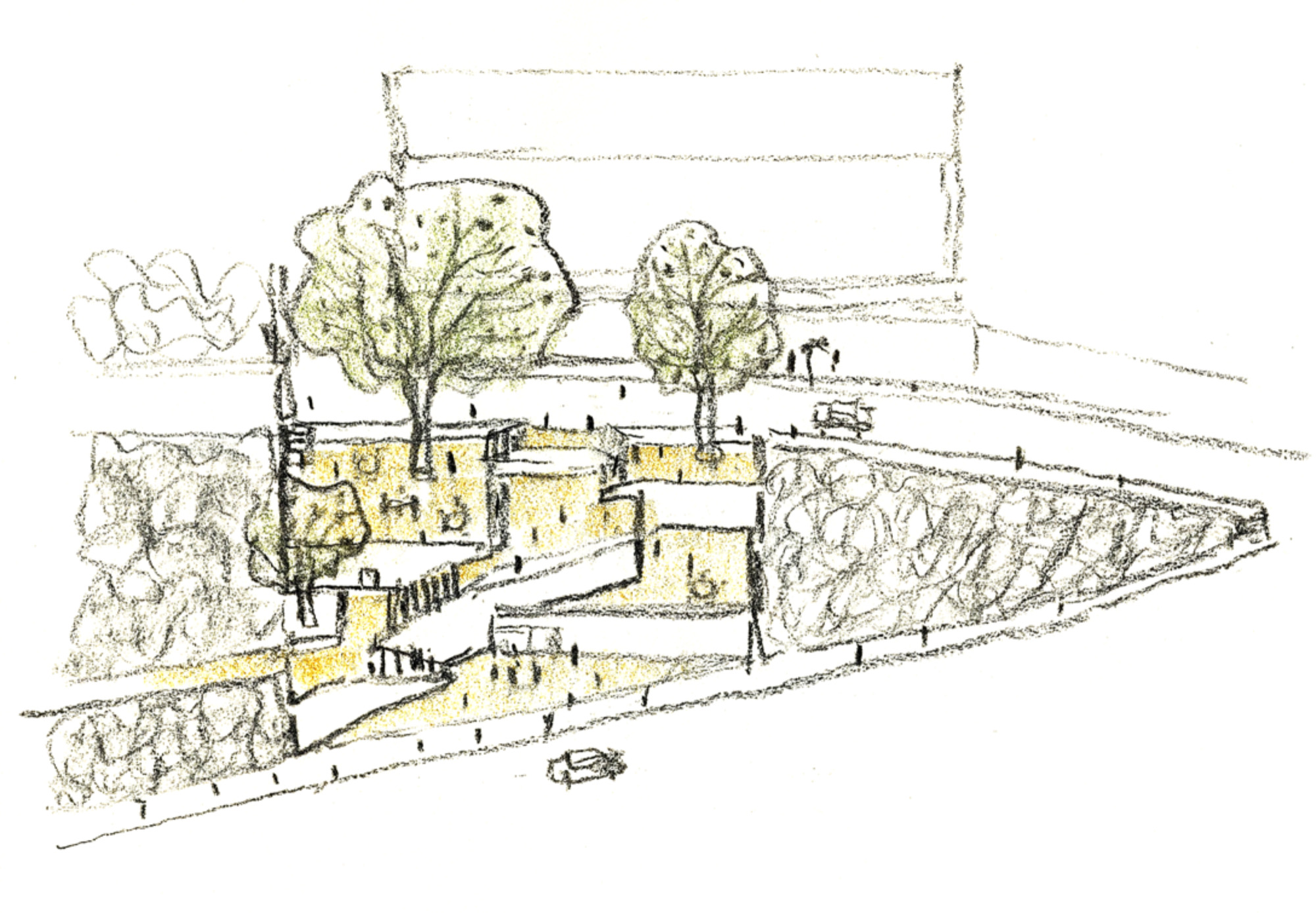 Colored pencil sketch of a terraced sunken plaza with ramps, two trees and a car passing on the street in front