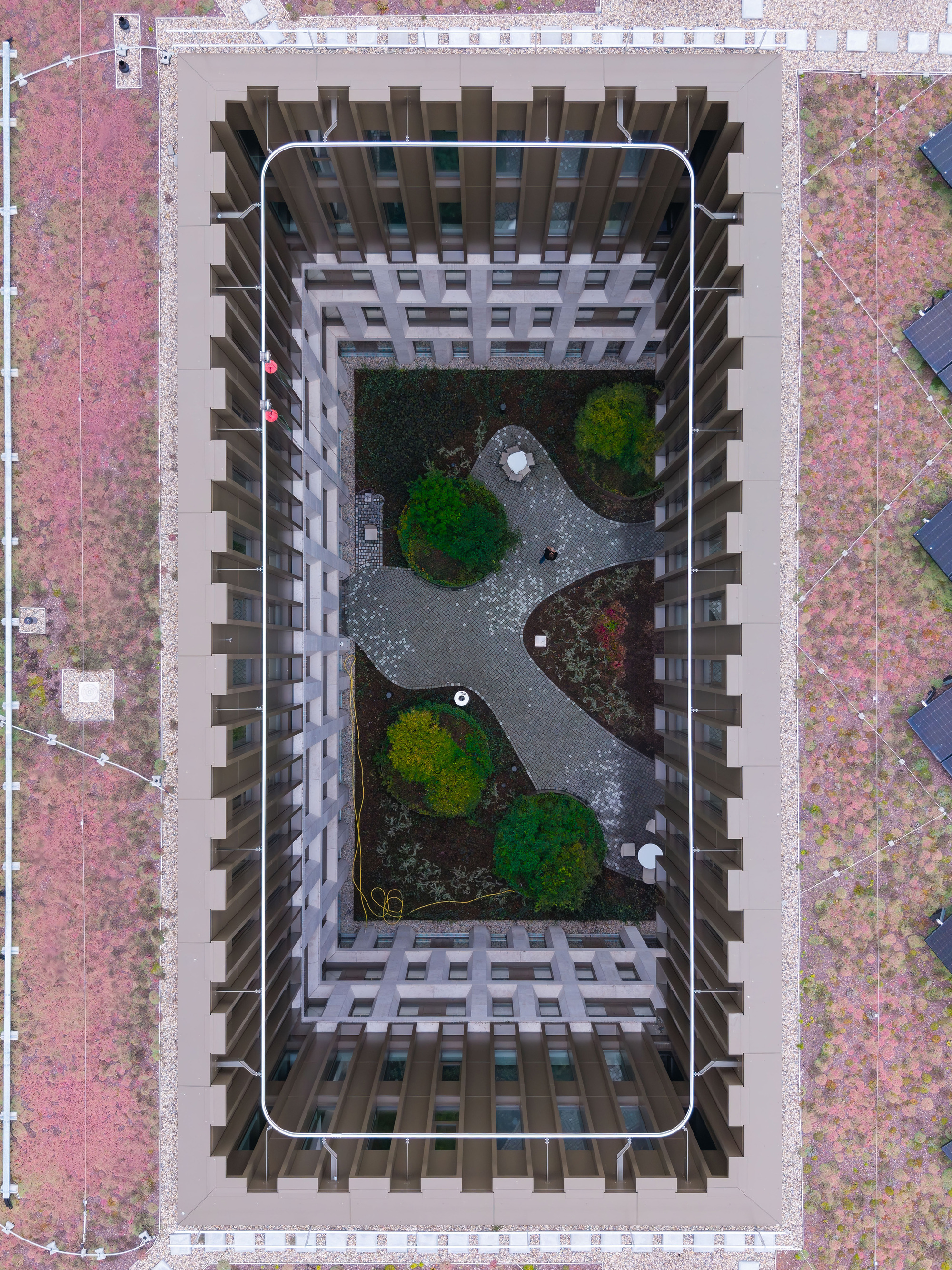 Top-down drone view of a rectangular courtyard with a curving paved path and round shrubs, ringed by a pink sedum roof