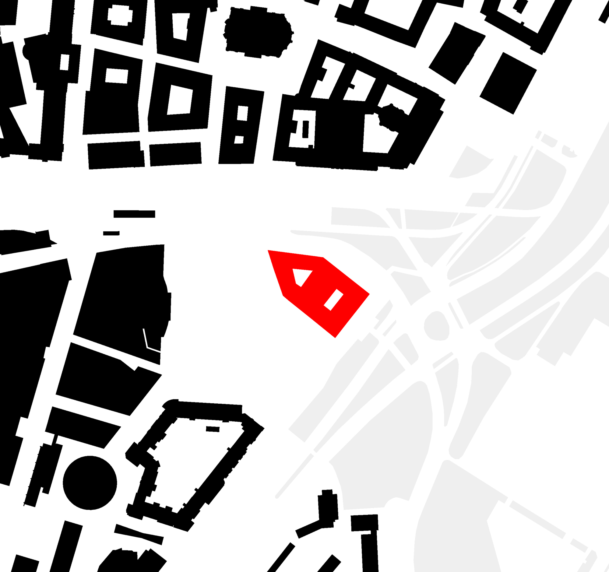 Figure-ground site plan drawing with the pentagonal building footprint in red among black city blocks and grey road lines
