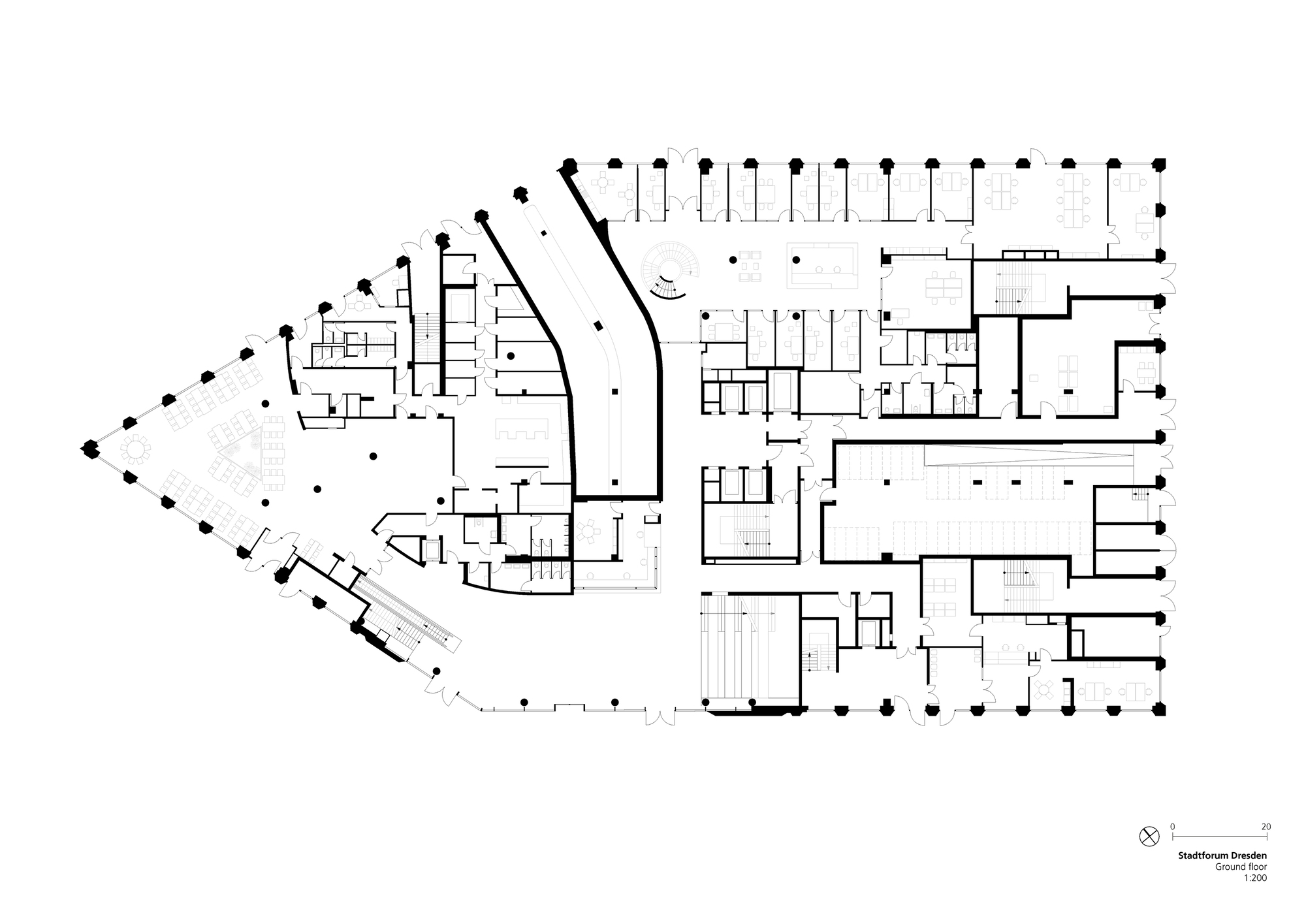 Ground floor plan drawing showing a pointed west end, a curved central wall and service cores across a column grid