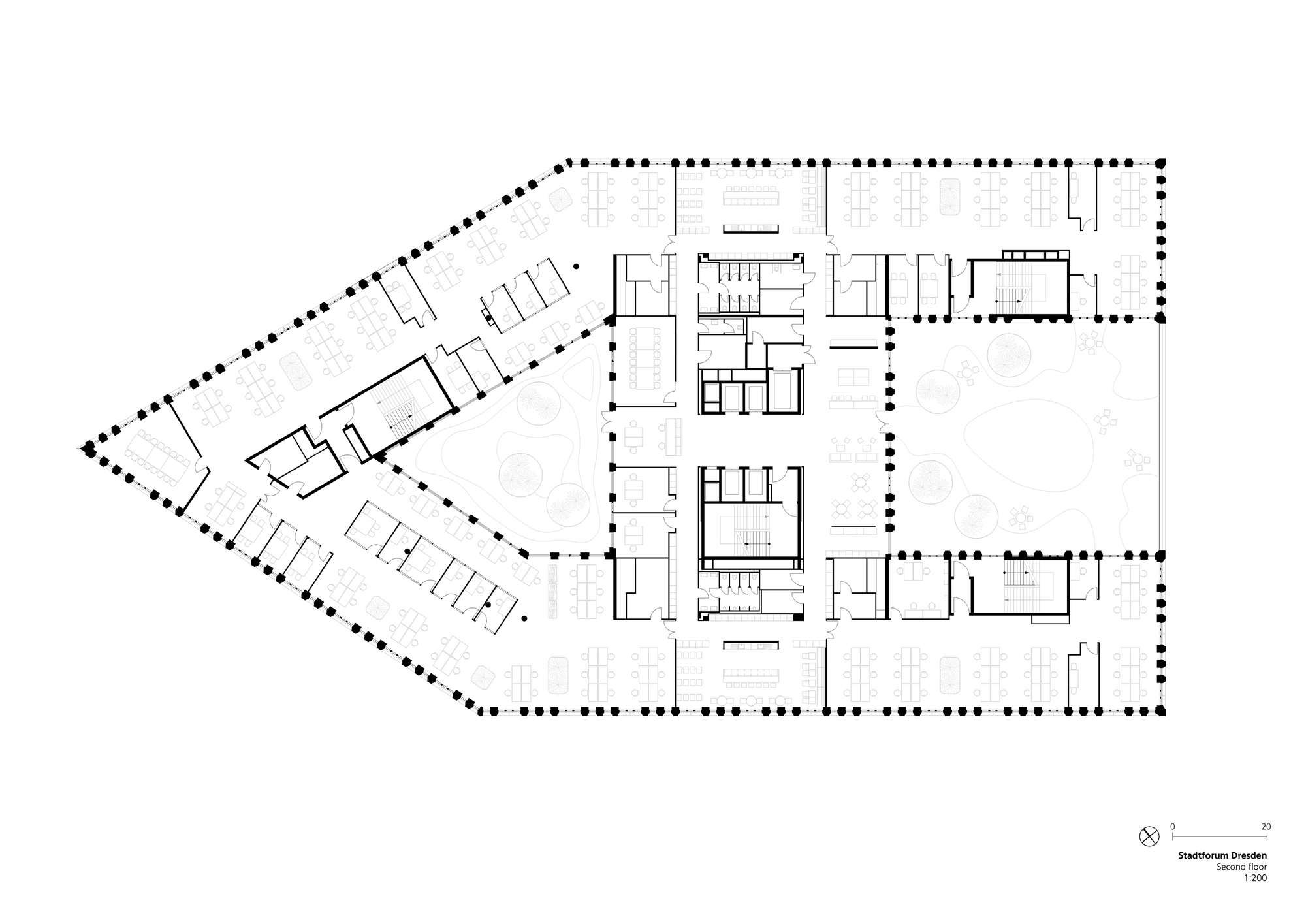 Second floor plan drawing with office desks wrapped around two landscaped voids and central cores inside a ring of columns